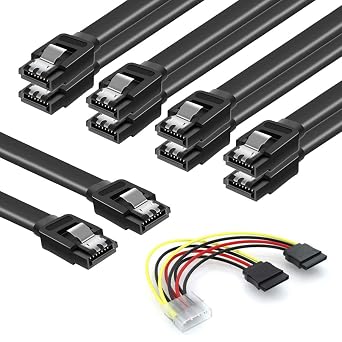 SATA Cables III, SSD Data Cable 6.0 Gbps and SATA Power Splitter Cable 4 Pin to Dual 15 Pin Hard Drive Connection Cables Compatible with SATA Connectors, HDD, SSD, CD Driver, CD Writer, 6 Pack Black