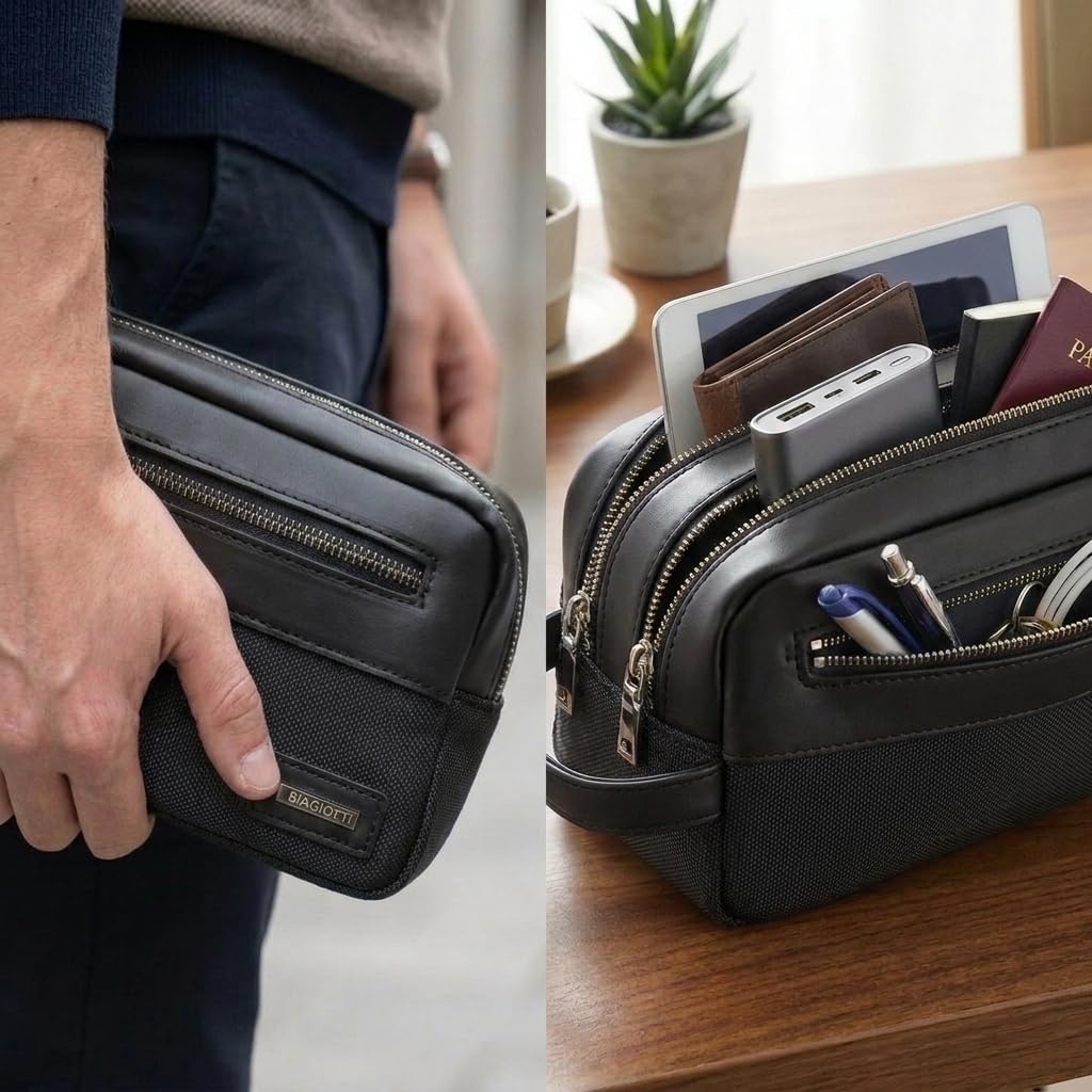 Biagiotti Uomo Pochette a Mano, Beauty Case Uomo Donna Multiuso da Viaggio, in PU con Maniglia, Trousse Morbida