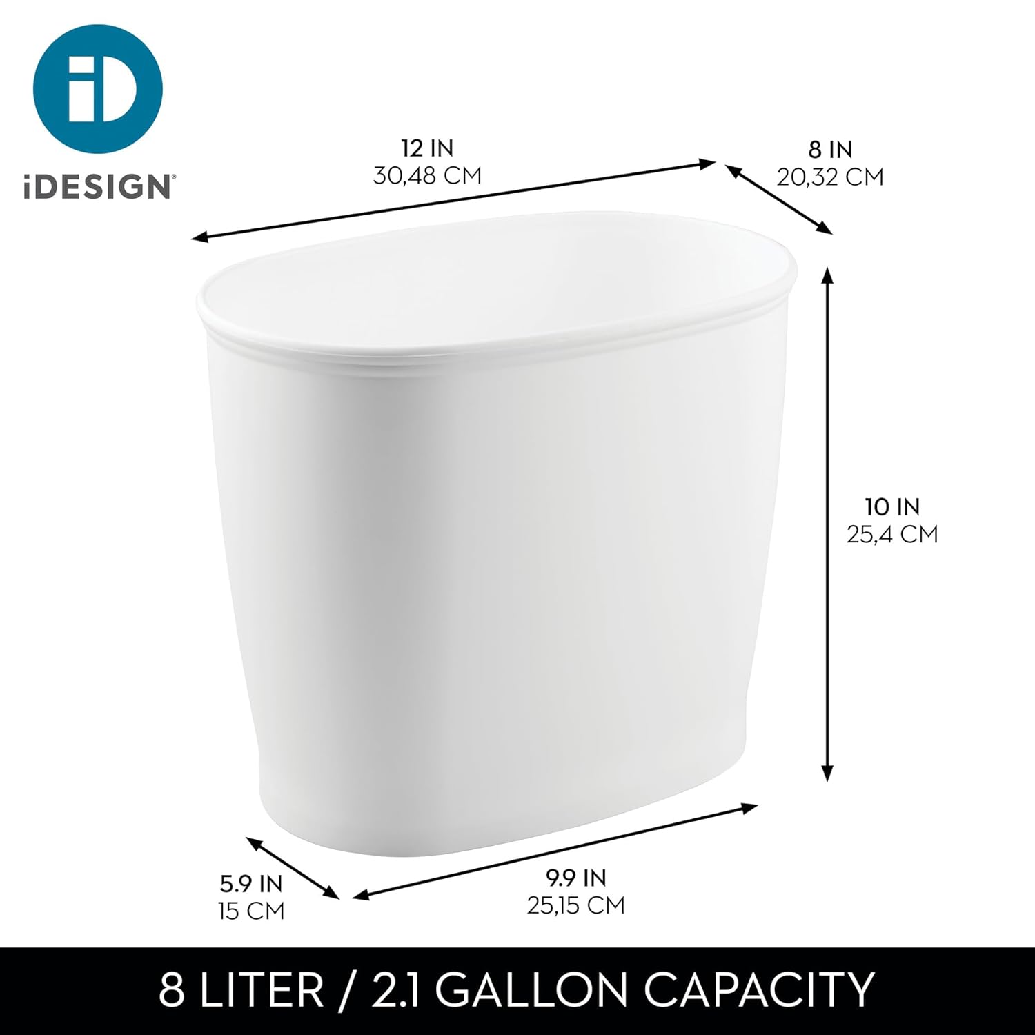 iDesign Slim Plastic Bathroom Trash Can, Small Garbage Bin for Bedroom, Office, Desk, Dorm, 2-Pack, White