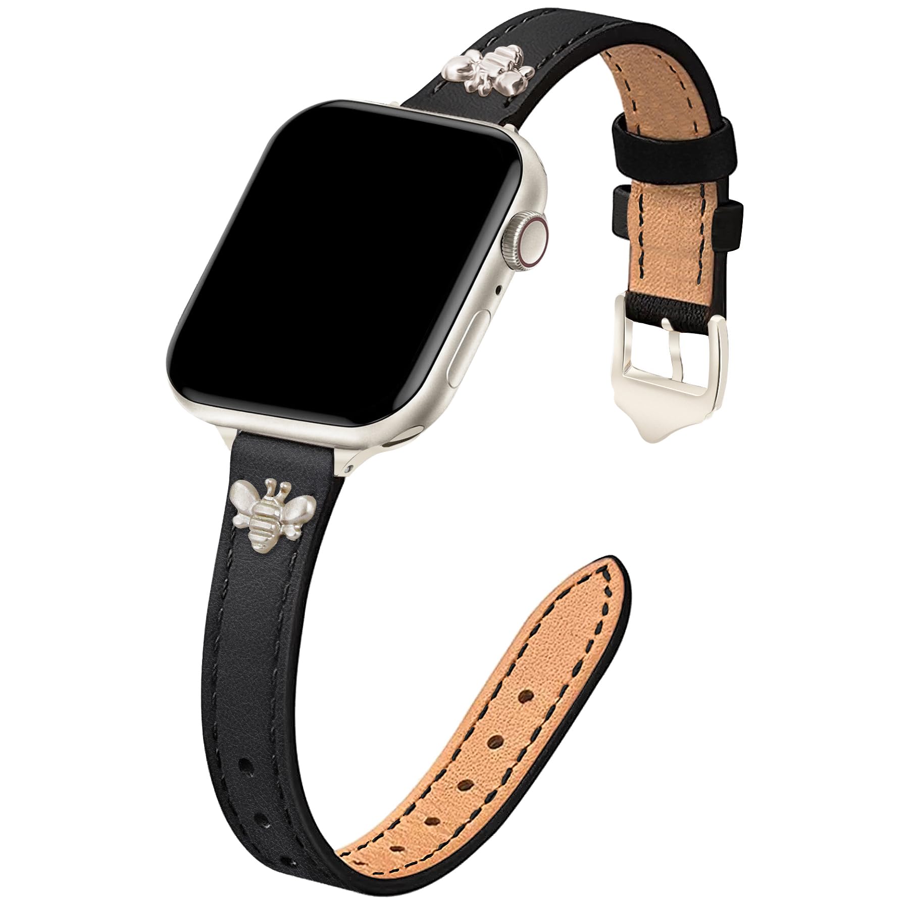 JR.DM Slim Leather Bands Compatible with Apple Watch Band 38mm 40mm 41mm 42mm 44mm 45mm 46mm 49mm, Top Genuine Leather Band with Charms, Feminine Design for Iwatch Ultra SE Series 10 9 8 7 6 5 4 3 2 1