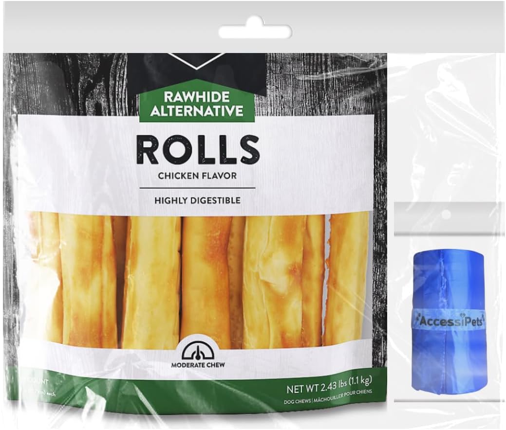 Dog Chews Bundles for Large Dogs, 7 Inch Rawhide Free Alternative Retriever Rolls Bundle with 1 Waste Bag Roll, Long-Lasting Dental Treats (Chicken, 10 Count)