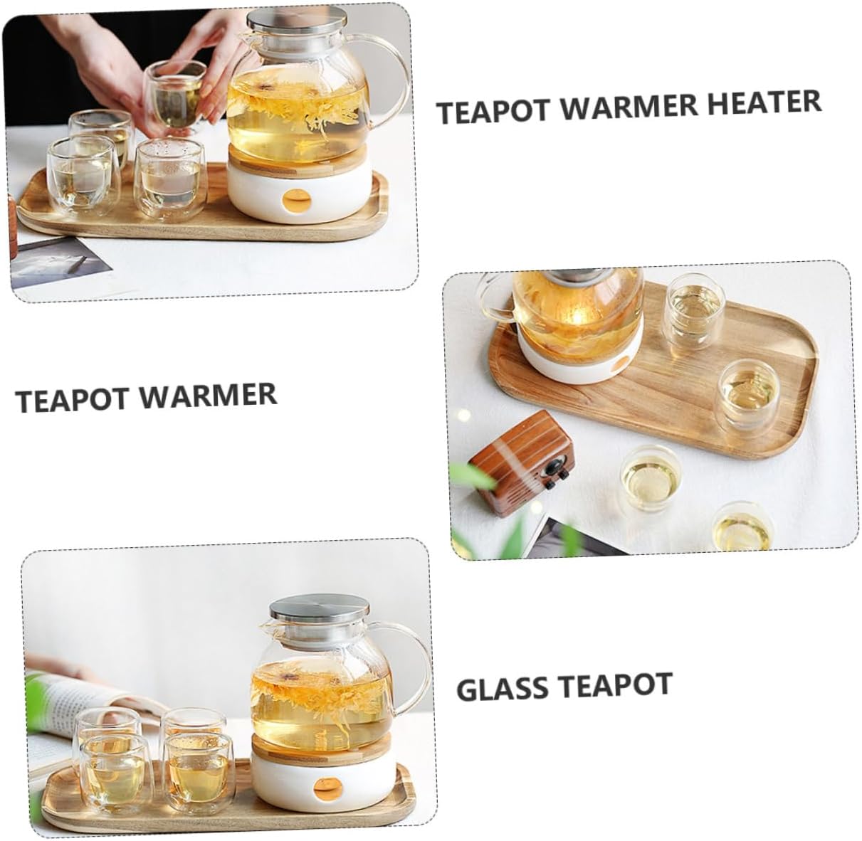 2pcs Capacious Glass Teapot with Bamboo Lid and Ceramic Warmer Heat Resistant Microwave Safe Tea Set for Loose Leaf Tea Capacity