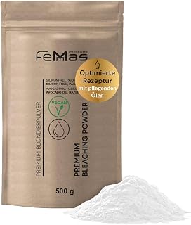 FemMas Polvo de blanqueamiento premium 500 g, vegano I Hair Bleach libre de polvo y ultra fuerte con aceites nutritivos, blanqueamiento suave hasta 9 tonos, sin crueldad animal, sin parabenos ni