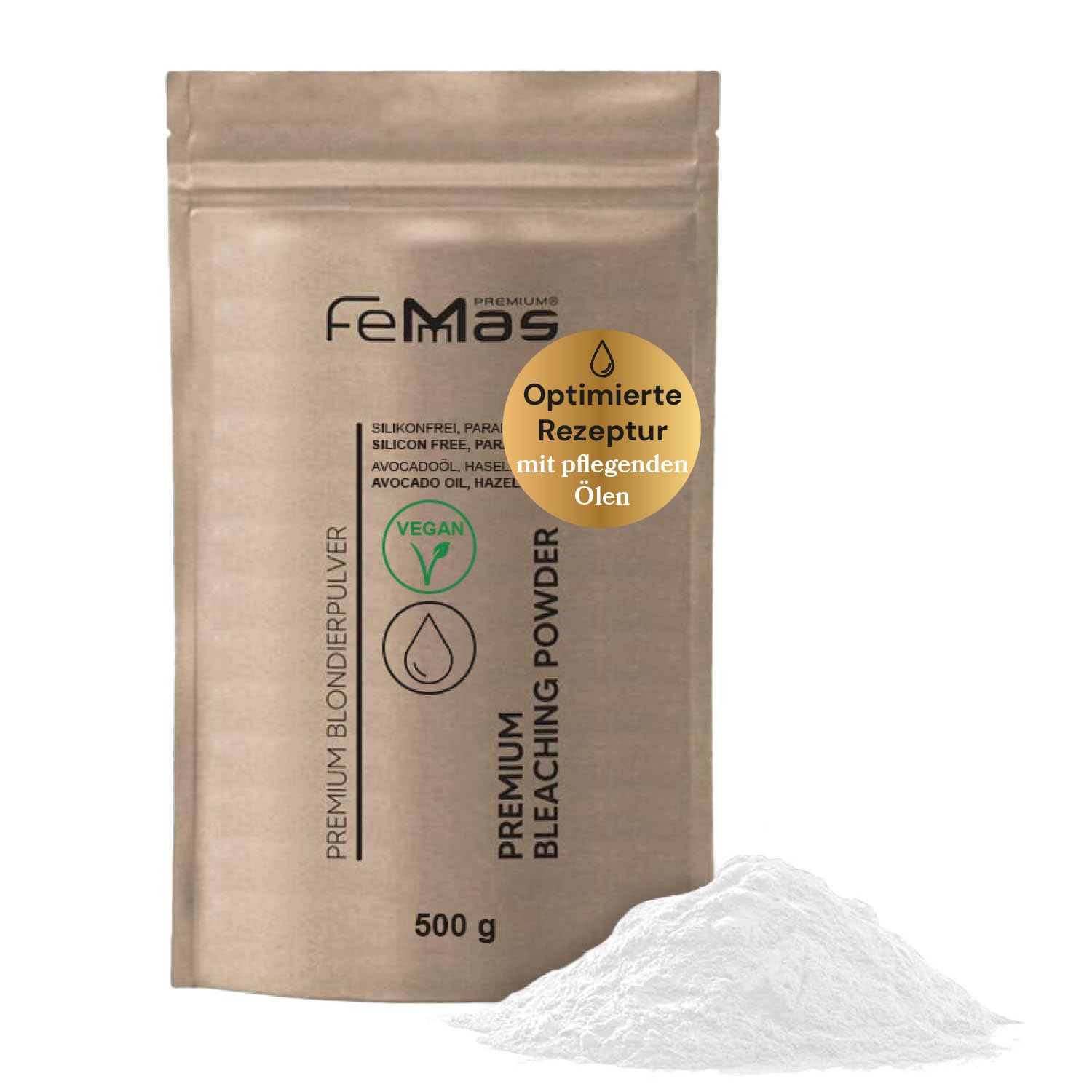 FemMas Polvere sbiancante premium 500 g, vegana, senza polvere e ultra forte con oli nutrienti, sbiancamento delicato fino a 9 sfumature, senza sperimentazione su animali, senza parabeni e siliconi
