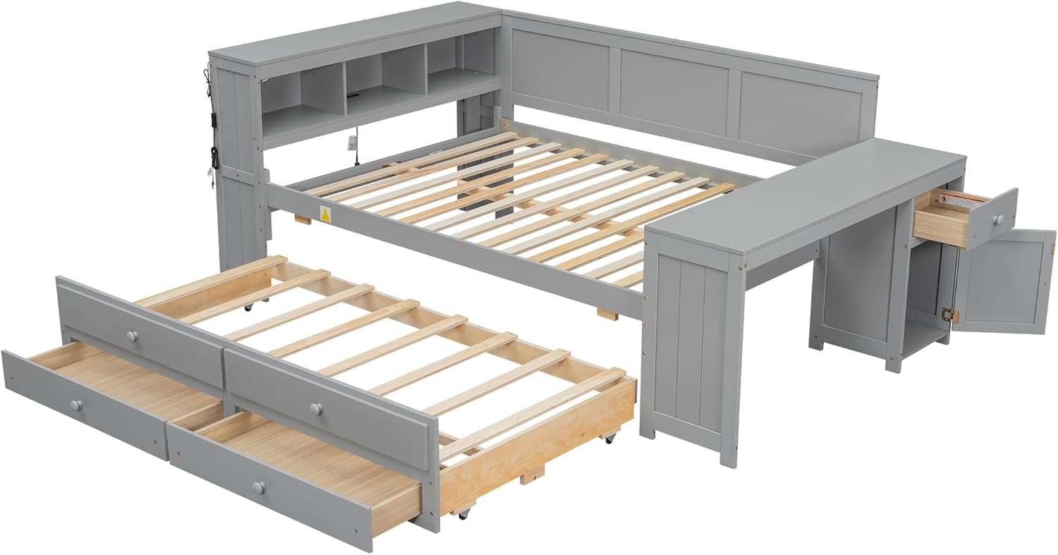 MERITLINE Full Size Captain Bed Frame with Bookcase and LED Light, Full Daybed with Trundle and Desk, Corner Bed Frame for Kids Boys, Girls, Gray