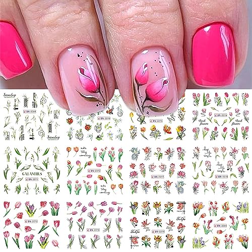 12 Sheets Tulip Nail Stickers Flower Water Transfer Nail Decals Holographic Pink Purple Yellow Tulip Nail Art Sticker Decal Nail Art Design for Women DIY Supplies Manicure Decoration Nail Art Decal