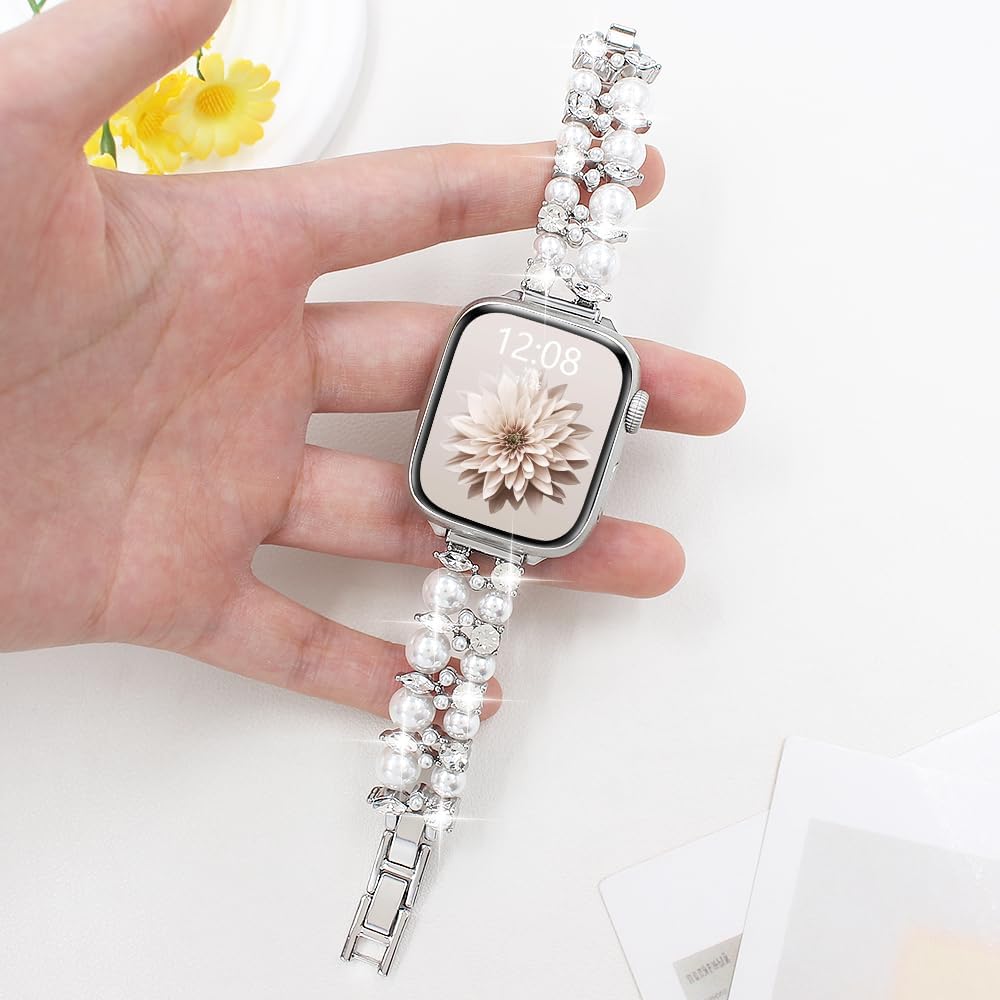 Elastic Pearl Beads Bracelet Women Compatible with Apple Watch Band 38 40 41 42 44 45 46 49mm,Jewelry Wristband Bling Diamond Charms Band for iWatch Series 11 10 9 8 7 6 5 4 SE/Ultra 3 2 1 - Image 4