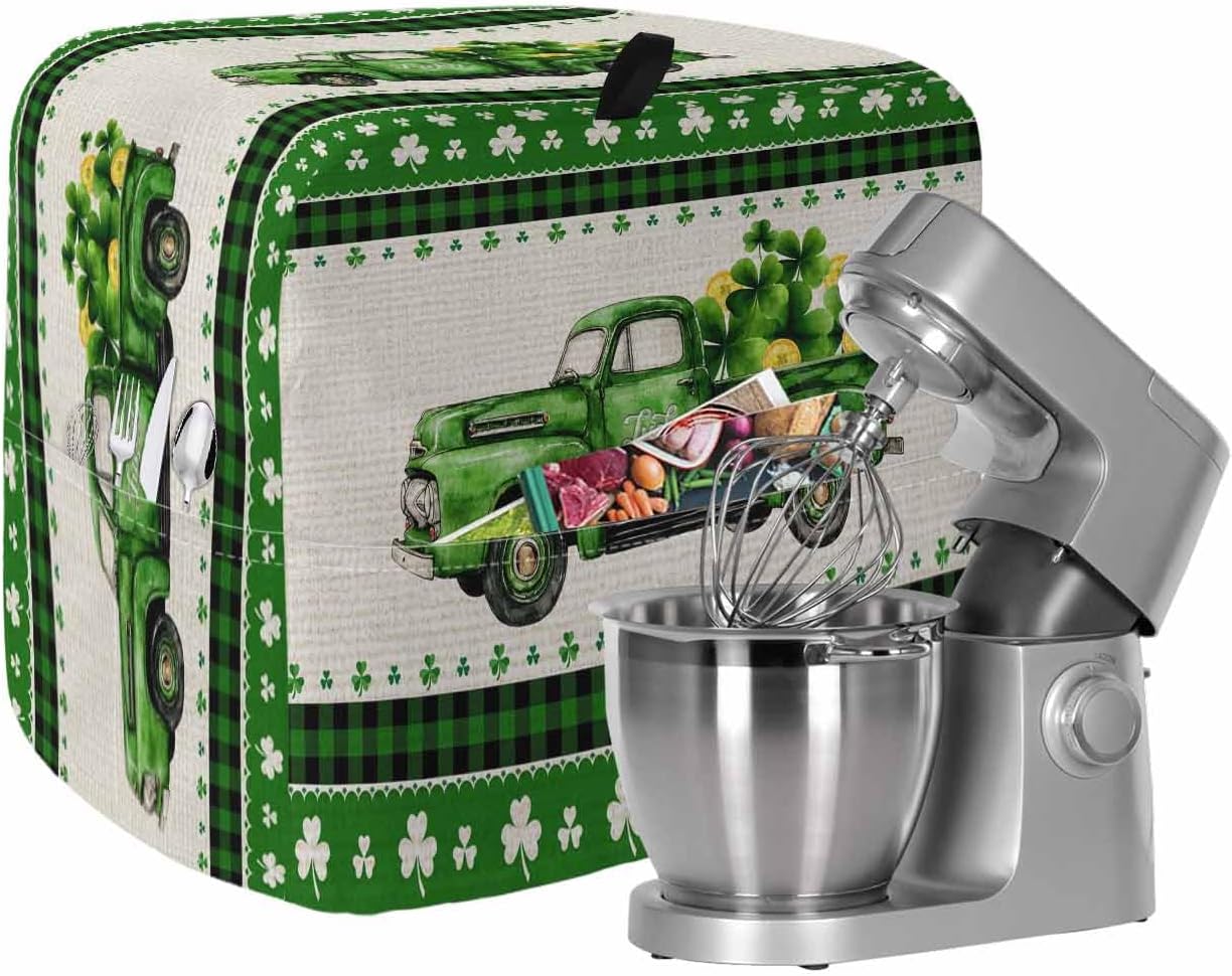 St. Patrick's Day Stand Mixer Cover with Storage Pocket, Waterproof Kitchen Mixer Covers, Shamrock Truck Green Plaid Beige Kitchen Appliance Dust Cover Compatible with 6-9 Quart Mixers