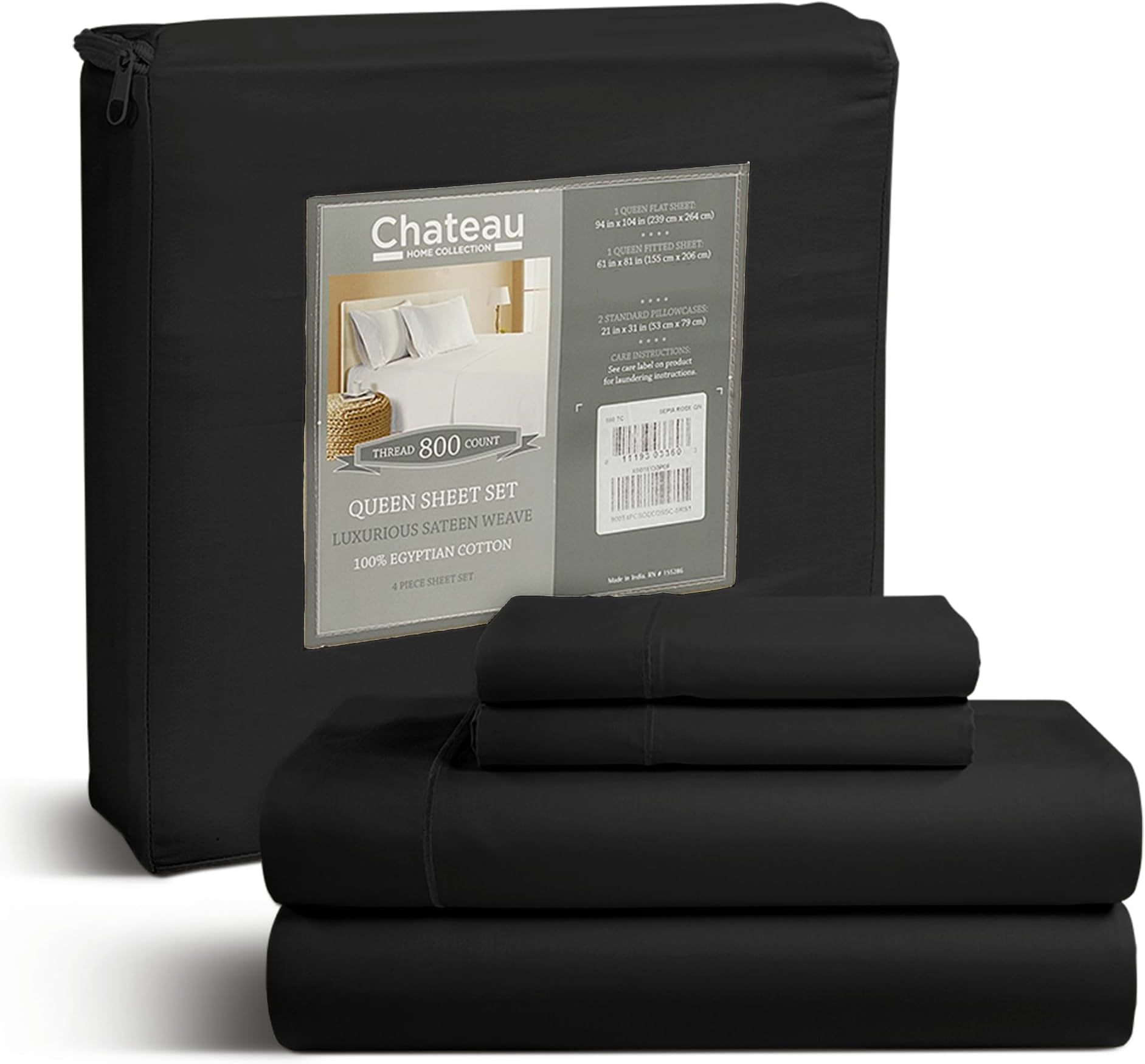 CHATEAU HOME COLLECTION 100% Egyptian Cotton Sheets for Full Bed, Full Size Sheets, 4- Piece Long Staple Cotton Sheets Full, Deep Pocket Fitted Sheets, Black