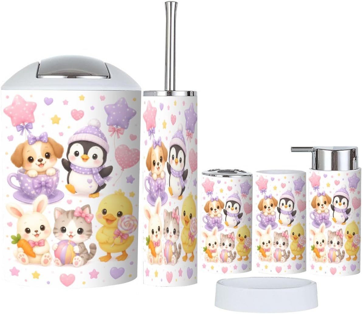 Bathroom Accessories Set 6 piece Set Teddy Bears Pink Balloon Party Cute Baby Teddy Bear Plastic shatterproof Vanity Organization countertop Decor for Home, Apartment, Dorm