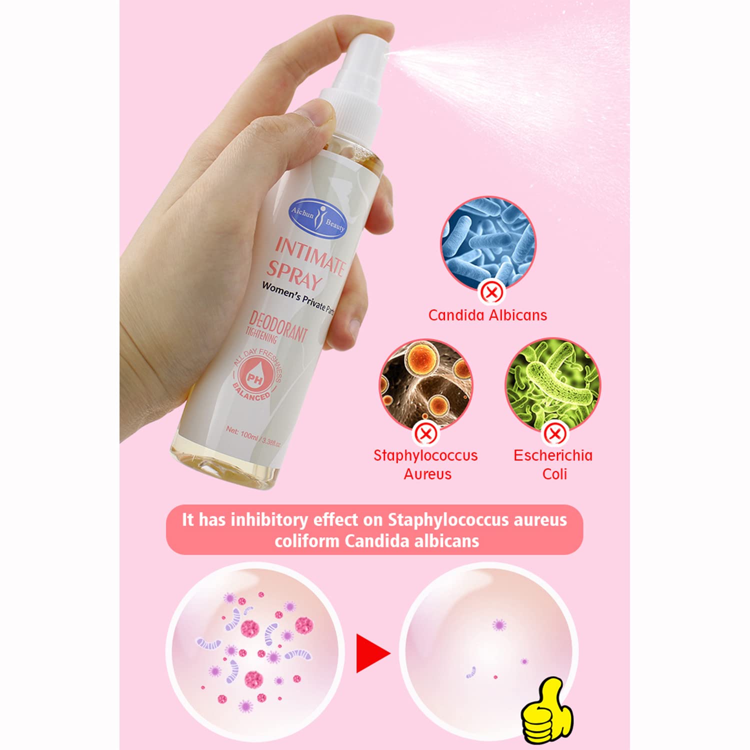 AICHUN BEAUTY Intimate Spray Deodorant Armpits Feet Tightening Vagina PH Balanced Private Part Eliminate Odor Feel Fresh Body 100ml / 3.38fl.oz