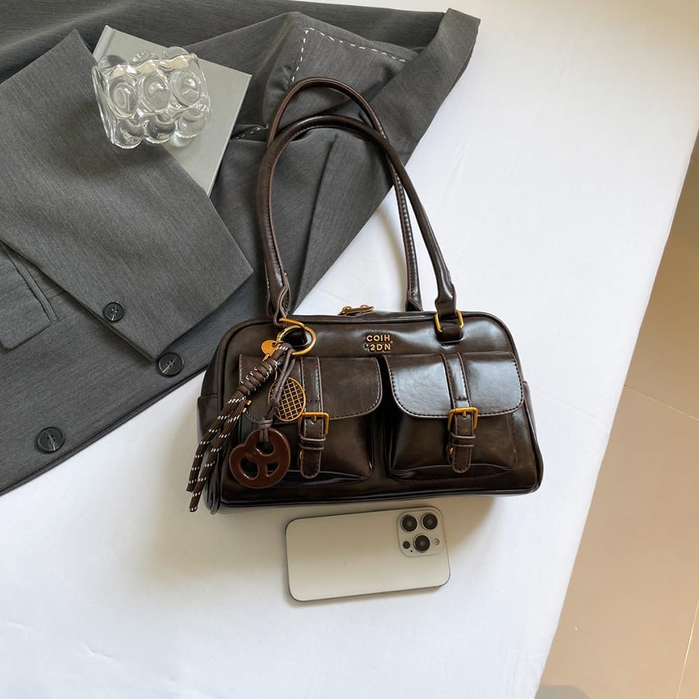 PU Leather Multi-Pocket Shoulder Bag - Solid Color with Pendant - Image 5