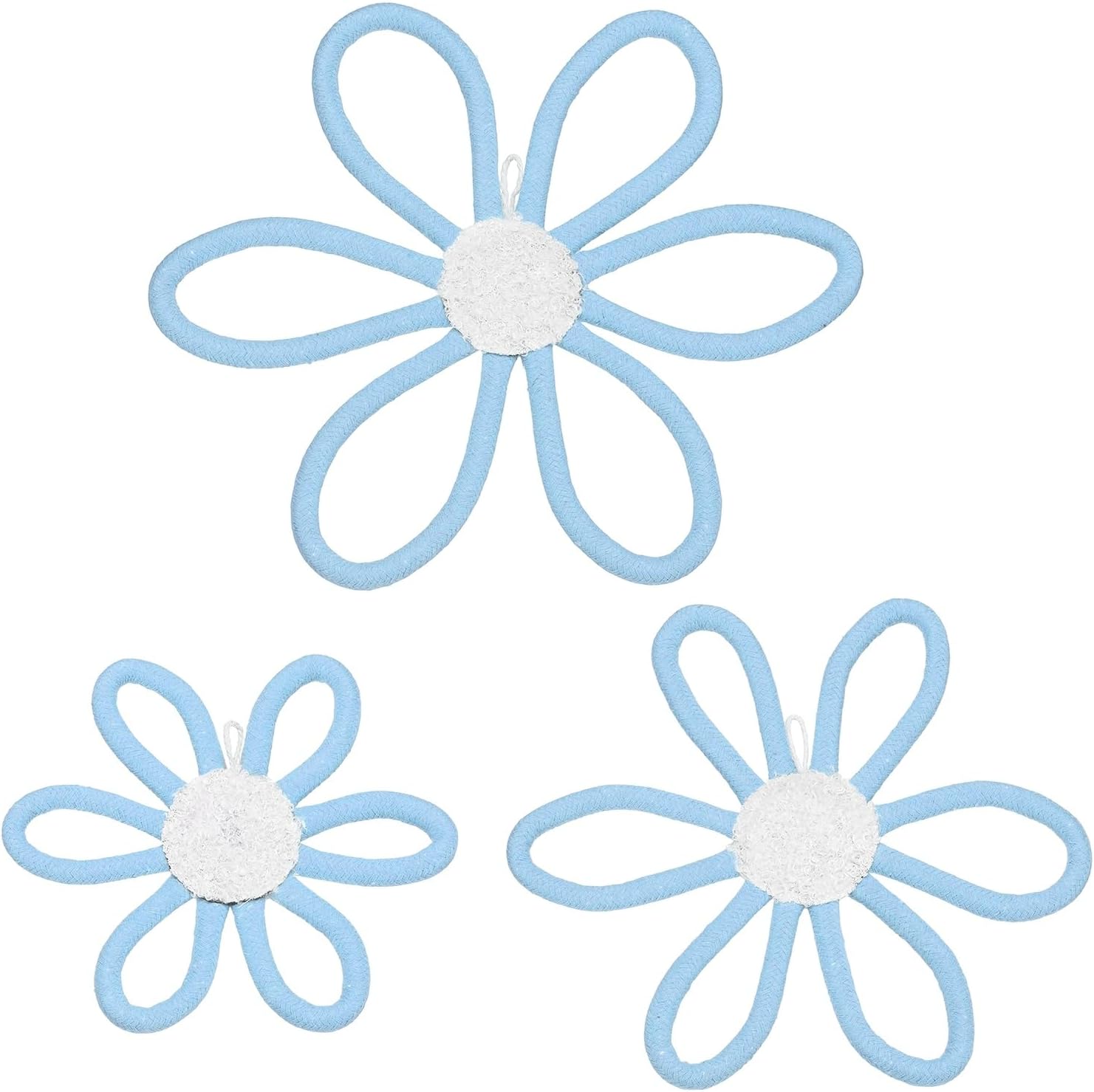 uxcell 3 Pcs Daisies Floral Wall Decor, 3 Sizes Flower Art Decor Woven Macrame Hanging Floral Bohemian Decoration Colorful for Girls Nursery Home Dorm Bedroom Playroom, Blue