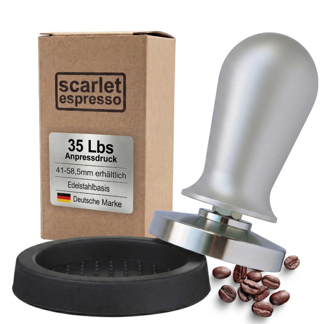 scarlet espresso | Tamper » Perfetto« per barista; pressione di contatto calibirata su 35 lb; con manico in alluminio o legno prezioso e base in acciaio inox di precisione