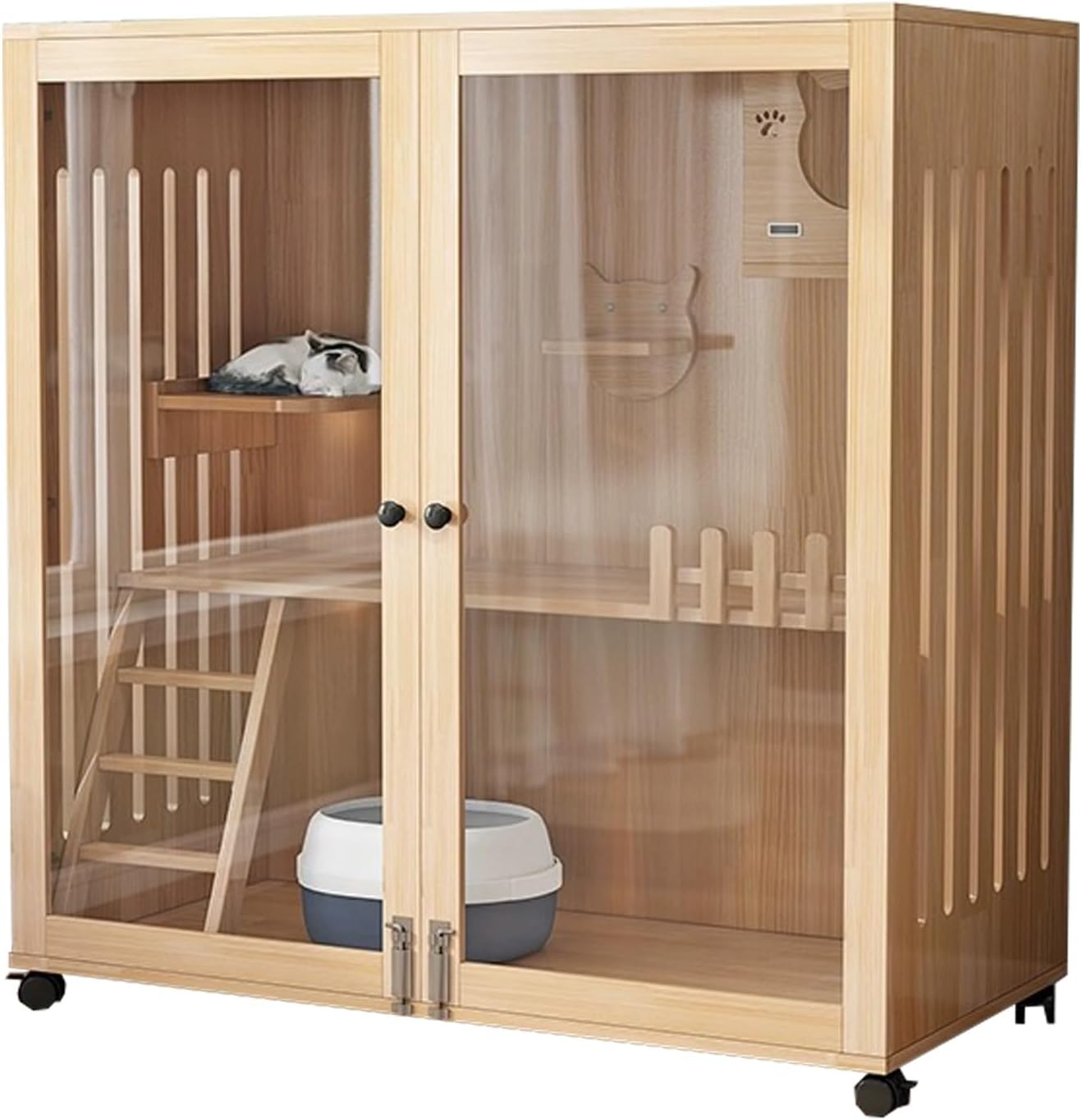 Cat Cage, Thickened solid wood Cat Enclosures, Multi-layer luxury space, Transparent tempered glass, Mesh ventilation and movable pulley, Kattstängsel för 1-3 kattungar(Wood color,47.2x47.2/12