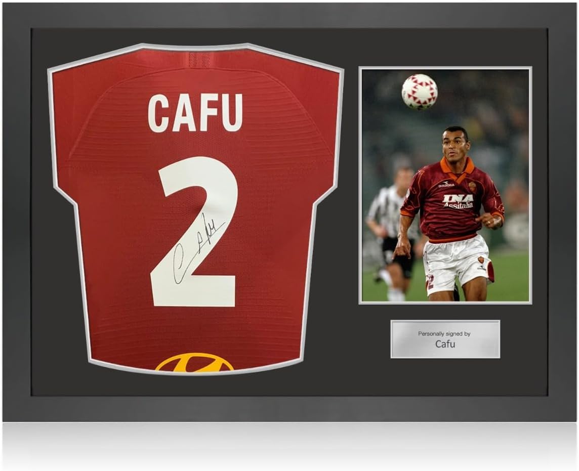 Exclusive MemorabiliaCafu Signed Roma 2019-20 Match Issue Football Shirt. Icon Frame
