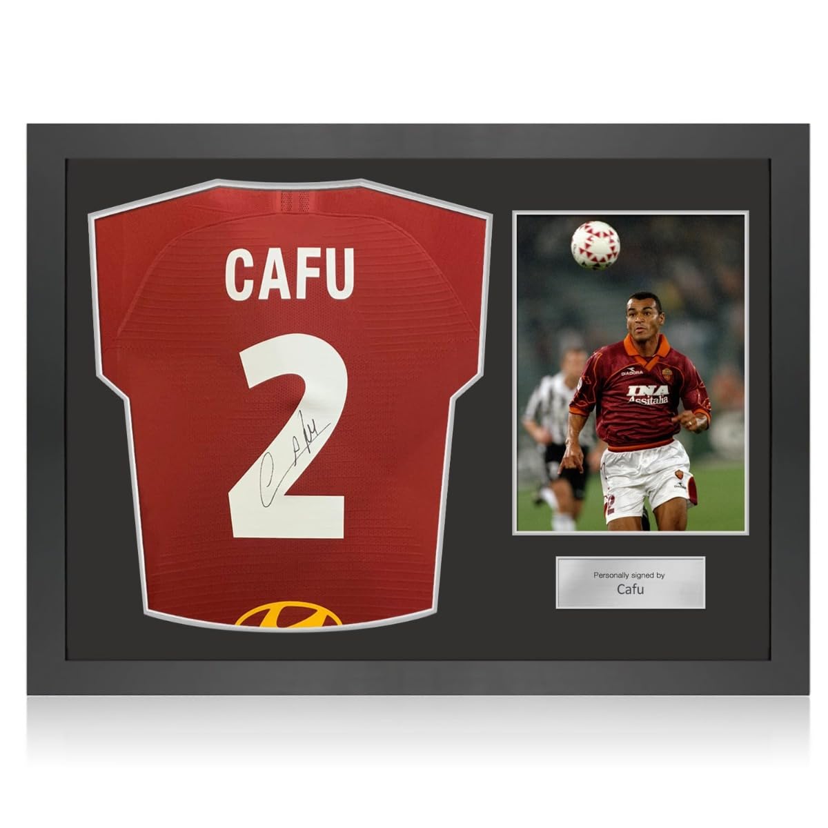 Exclusive MemorabiliaCafu Signed Roma 2019-20 Match Issue Football Shirt. Icon Frame