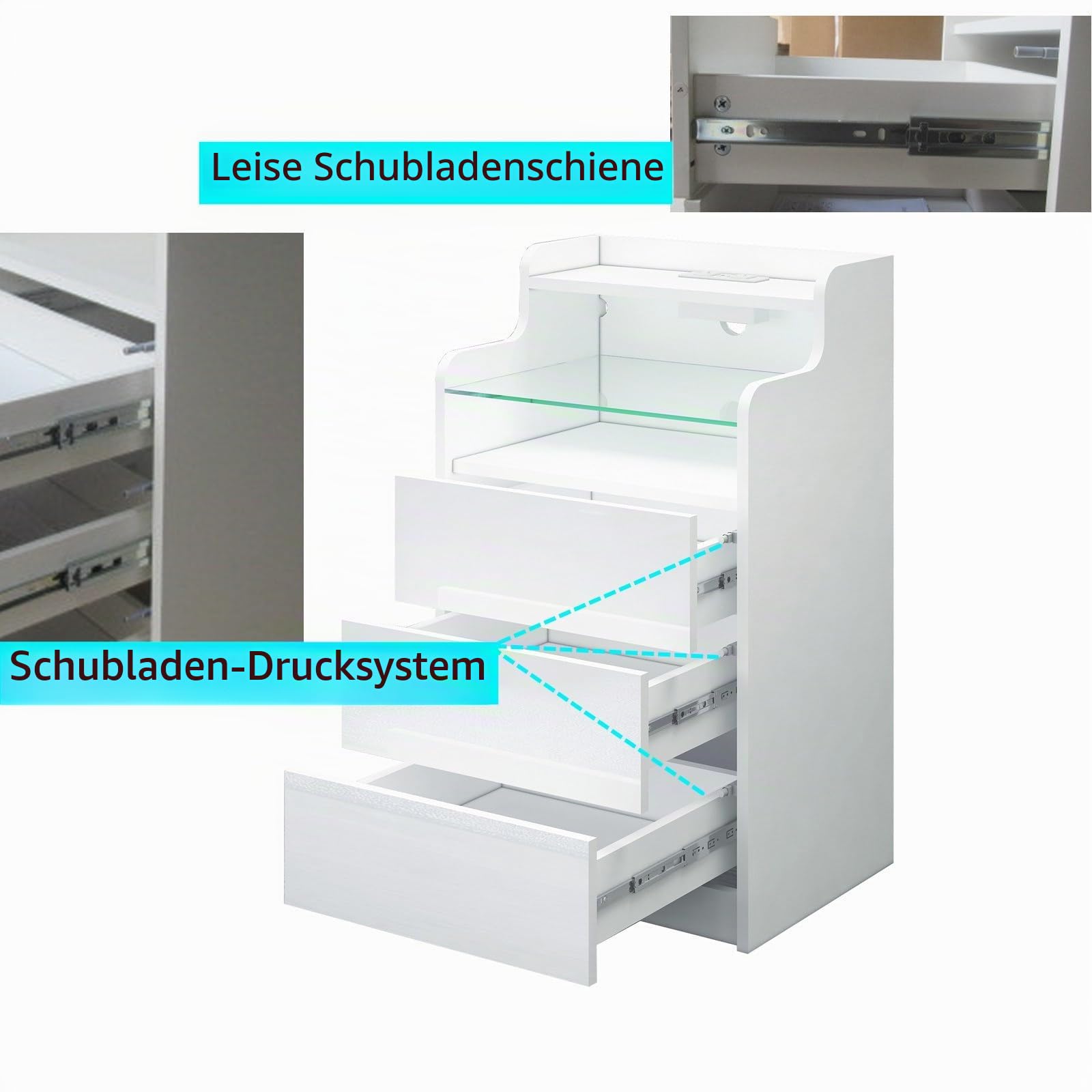 Nachttisch mit Steckdose und Ladestation,Hochglanz Weiß Nachtschrank Beistelltisch mit Led Licht,3 Schubladen,2 Fach,2 AC-Steckdosen,2 USB-Anschlüsse Sofatisch für Wohnzimmer,Schlaf,45x35x76cm