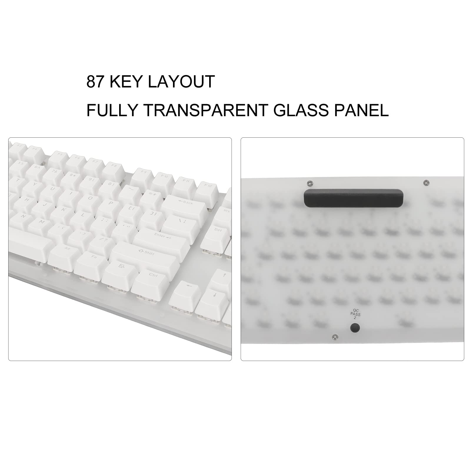 87 Klawiszy Klawiatura, 87 Klawiszy RGB Podświetlany Szklany Panel Mechaniczna Klawiatura do Gier, Typ C Przewodowa USB3.1 Półprzezroczysta Podstawa Komputerowa USB Klawiatura do Gier na PC (Niebieski przełącznik)