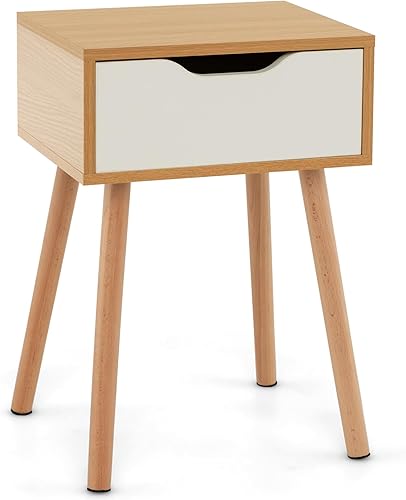 Miniatura 10 de Giantex Juego de 2 mesitas de noche modernas de mediados de siglo, mesita de noche de madera con cajón de almacenamiento, mesa auxiliar versátil con