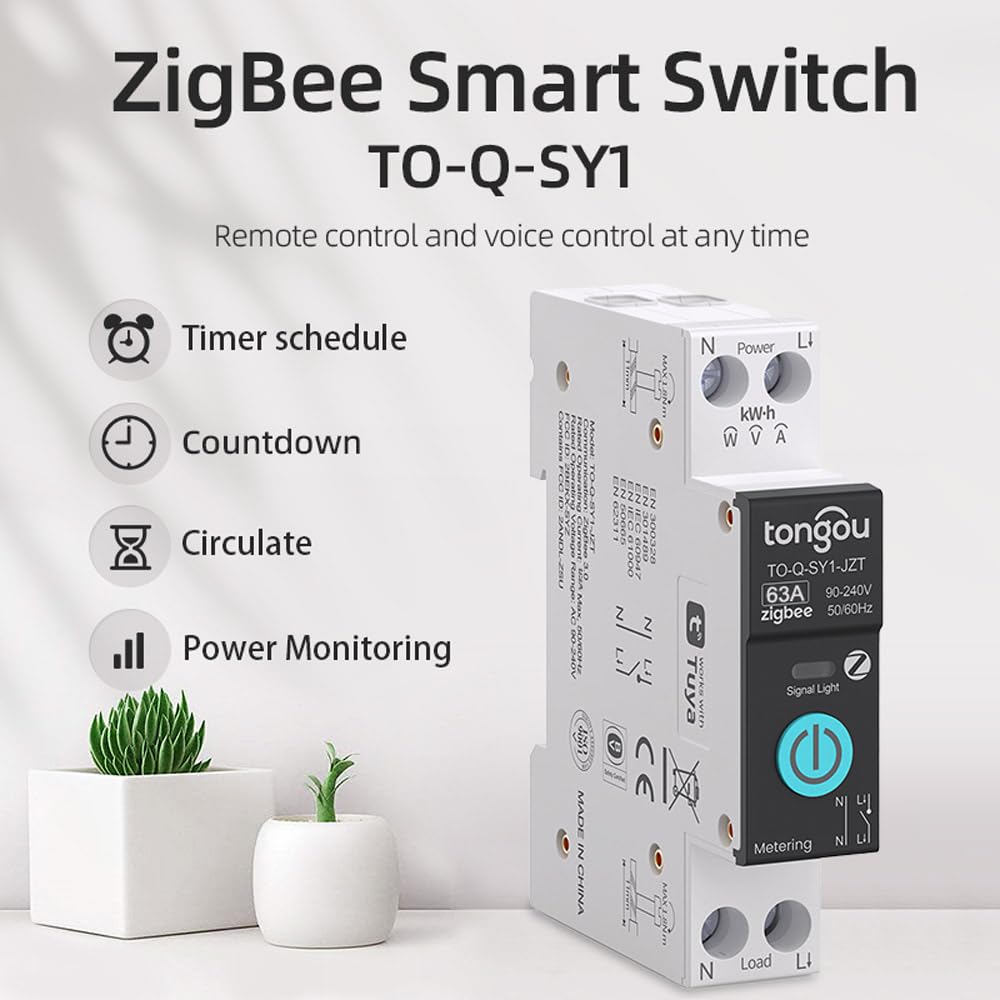 TONGOU DIY 1P+N Smart ZigBee Switch, Work with Alexa and Google Assistant for Voice Control, 63A with Energy Monitor, Smart Life/Tuya APP Remote Control, Timer Functions,DIN Rail Mounted,FCC Certified
