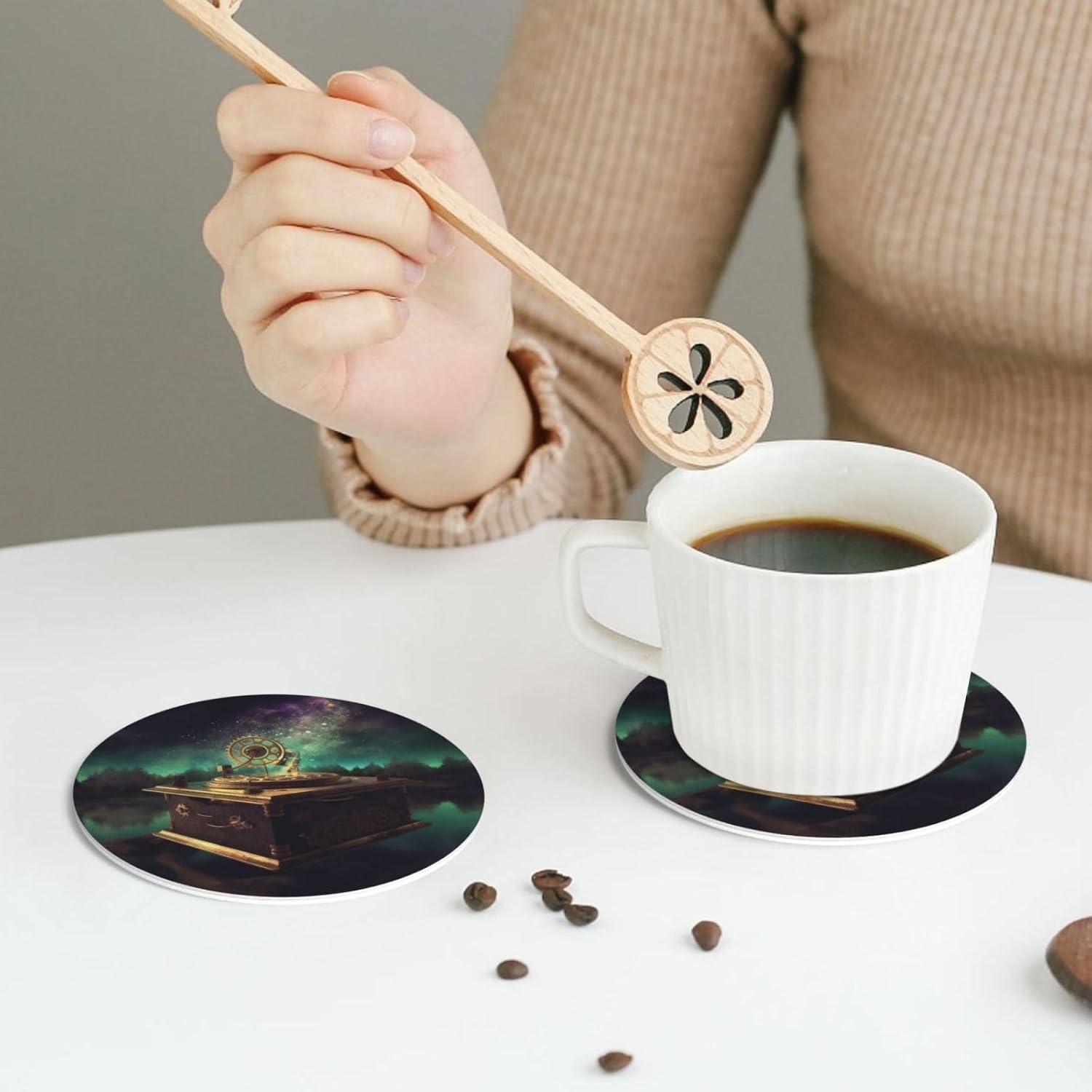 Dream Music Box Coasters Set of 4, Leather Coasters for Drinks Absorbent Drink Coaster Gifts Cup Mat for Tabletop Protection Cup Coaster for Coffee Table
