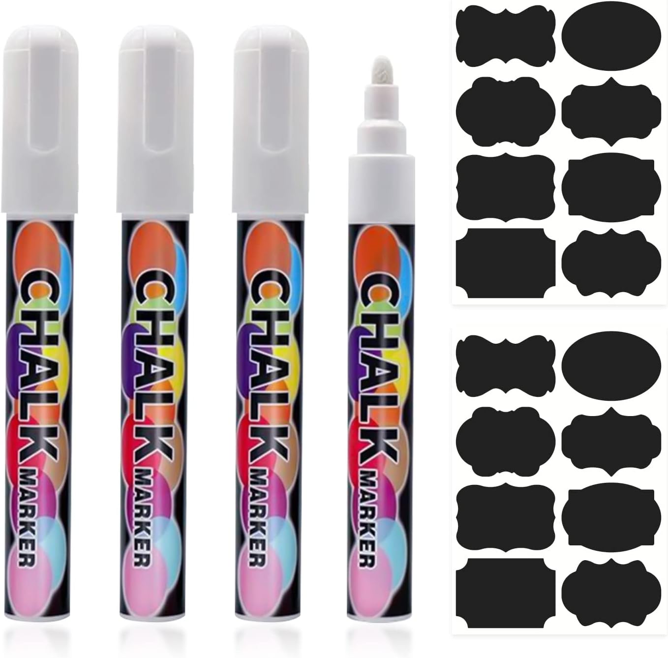 BEIIEB 4pcs white liquid chalk and 2pcs stickers, white dry erase chalk