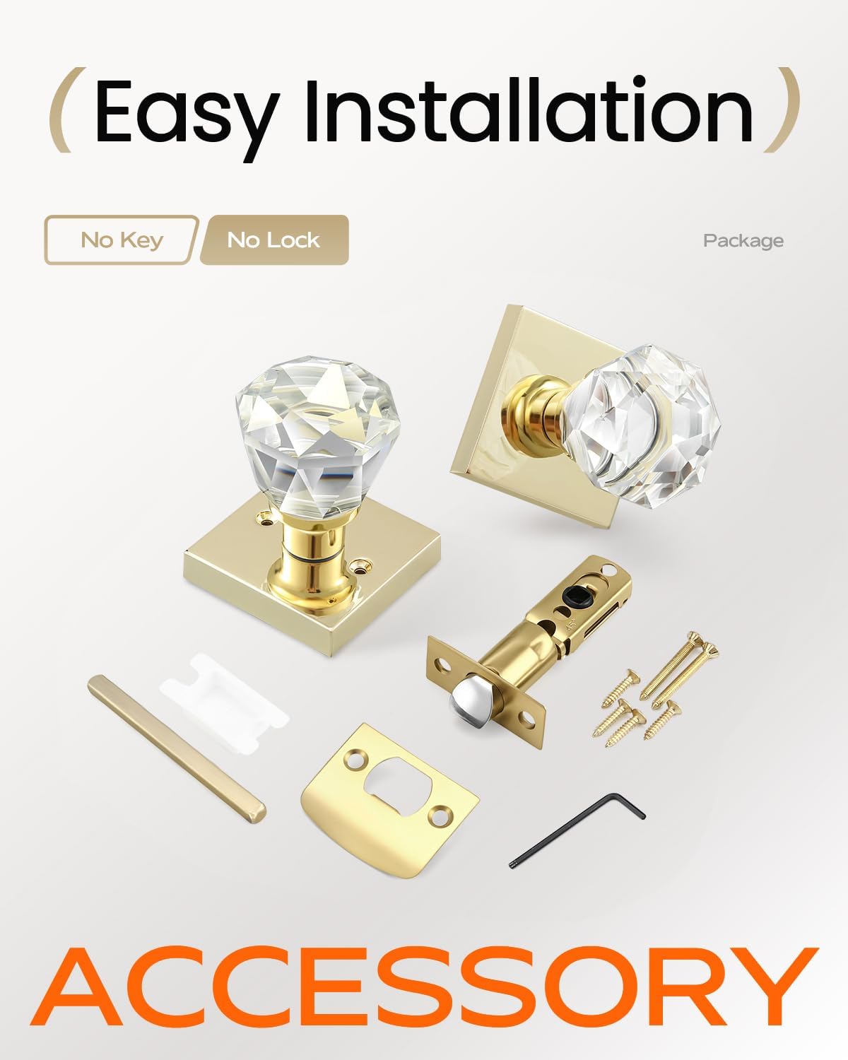 Leydebong 1 Pack Nonlocking Passage Door Knobs, Interior Gold Door Handles, Clear Crystal Glass Door Levers Interior, Modern Gold Door Knob