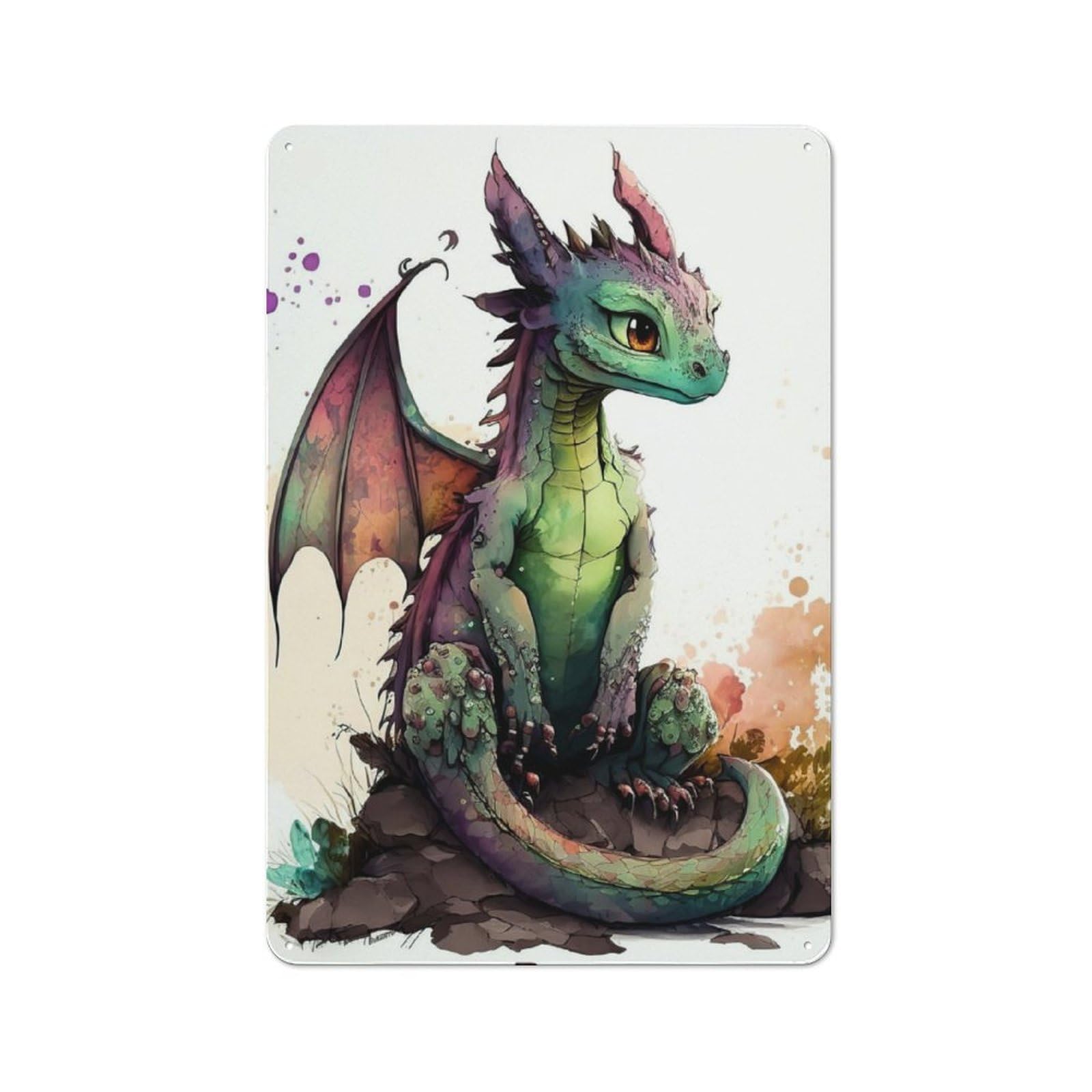 Junmoney Watercolor Dragon Retro Metal Plaque 30X20cm For Lounge Or Reading Corner, Winter Wall Decor For Reading Corner Decorators
