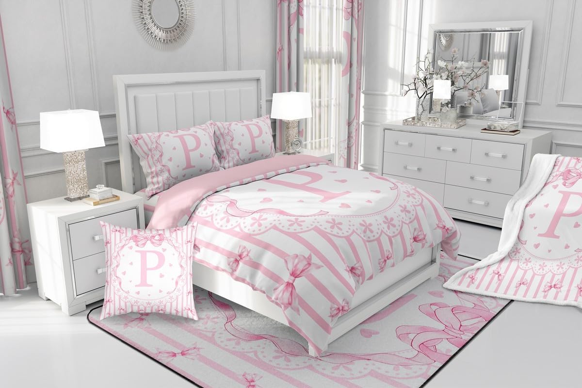 jejeloiu Cute Bowknot Comforter Set Full Size Pink Initial P Bedding Set for Kids Boys Girls Stripe Pattern Duvet Quilt Bedroom Decor Microfiber 3 Pcs with 2 Pillow Cases