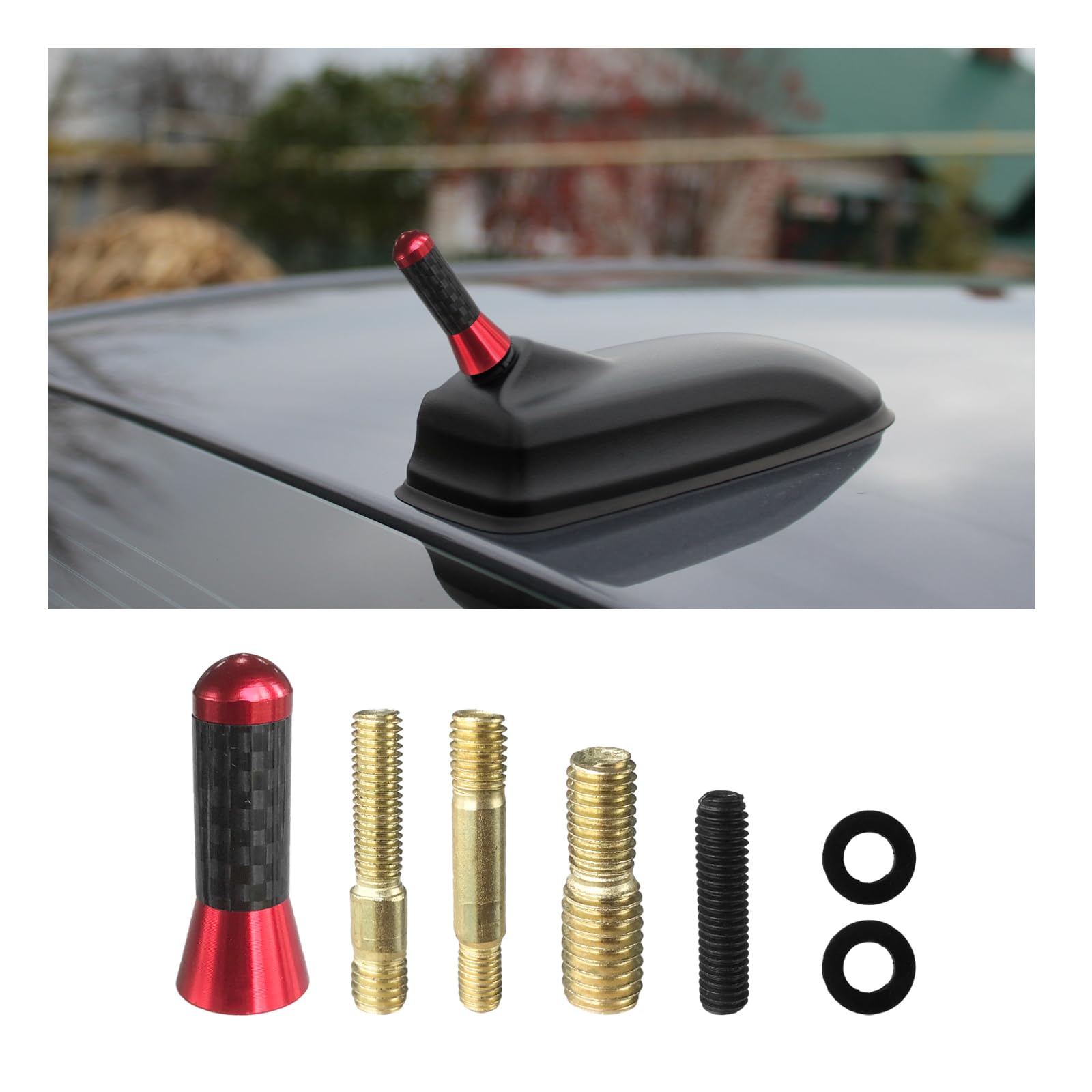 Car Short Antenna, 1.37" Aluminum Radio Antenna Replacement, Carbon Fiber Antennas Kit with Screws, AM/FM Roof Mount Car Radio Reception Antennas Mast for Most Cars SUVs (Red)