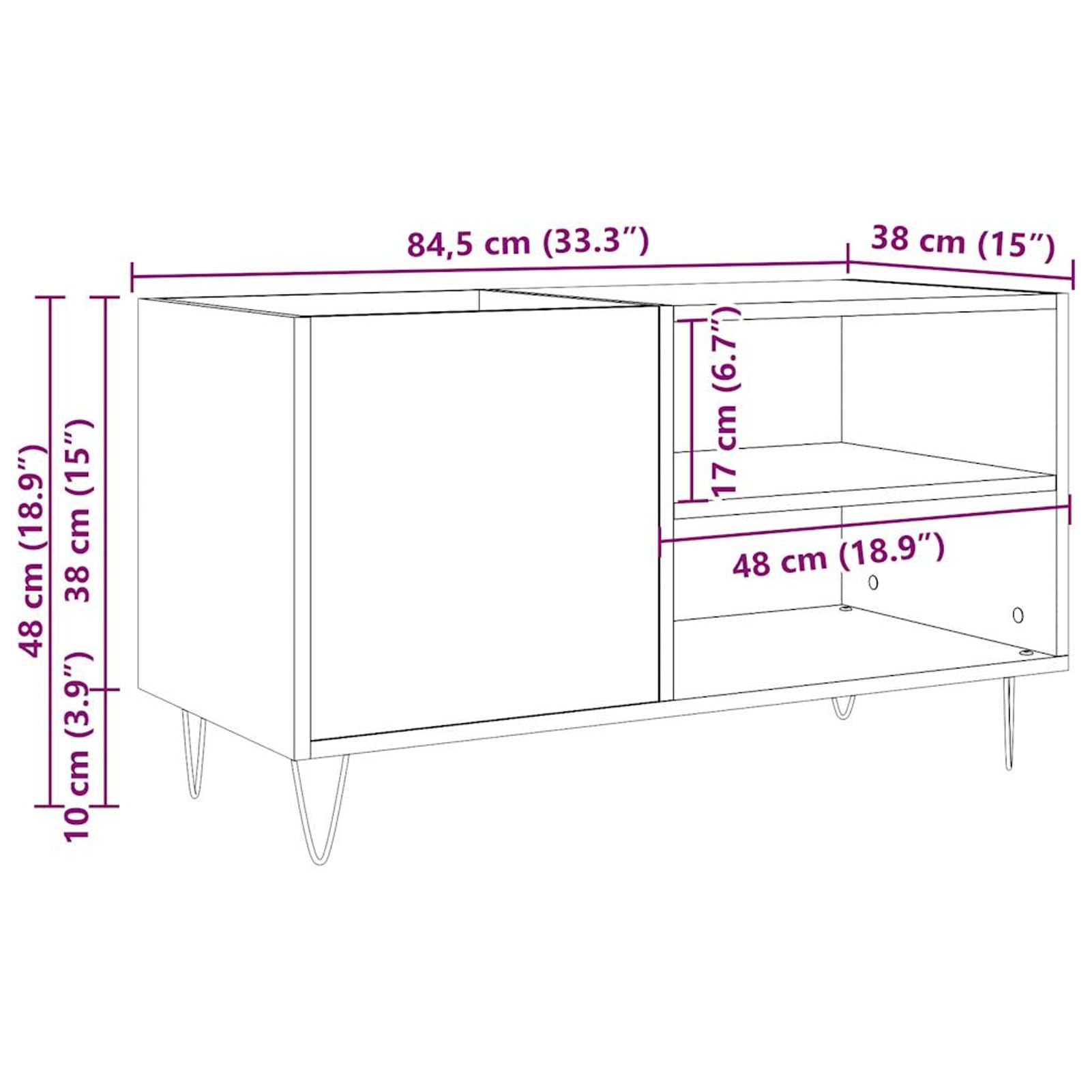 Armadio per dischi in vinile, altezza 84,5 cm, in legno con gambe in ferro effetto legno anticato, per collezioni in vinile