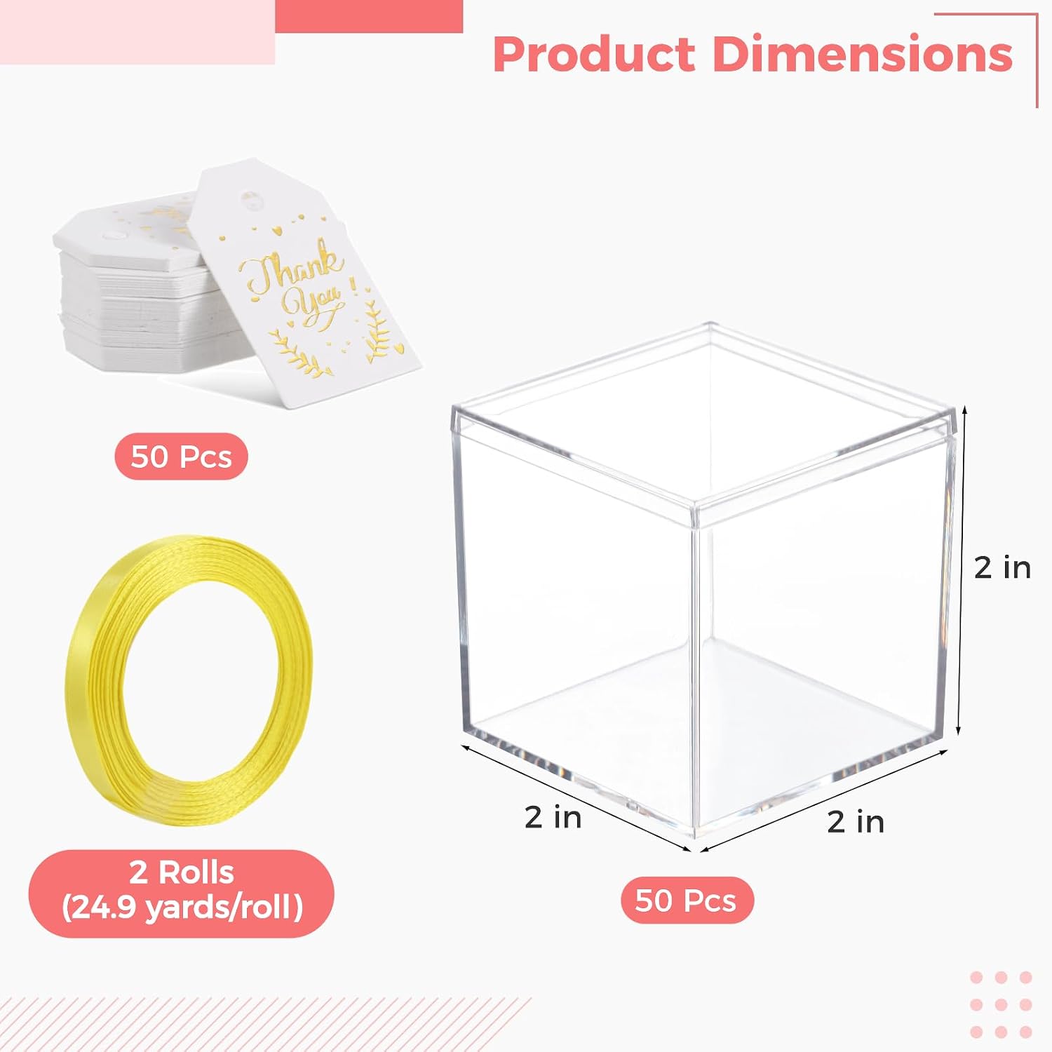 50 Pcs Acrylic Boxes, Small Clear Boxes with Lids, 2.2×2.2×2.2" Plastic Square Cubes, Square Display Boxe, Clear Container Boxe with Tags & Ribbons, Ideal for Candy, Earring, Beads