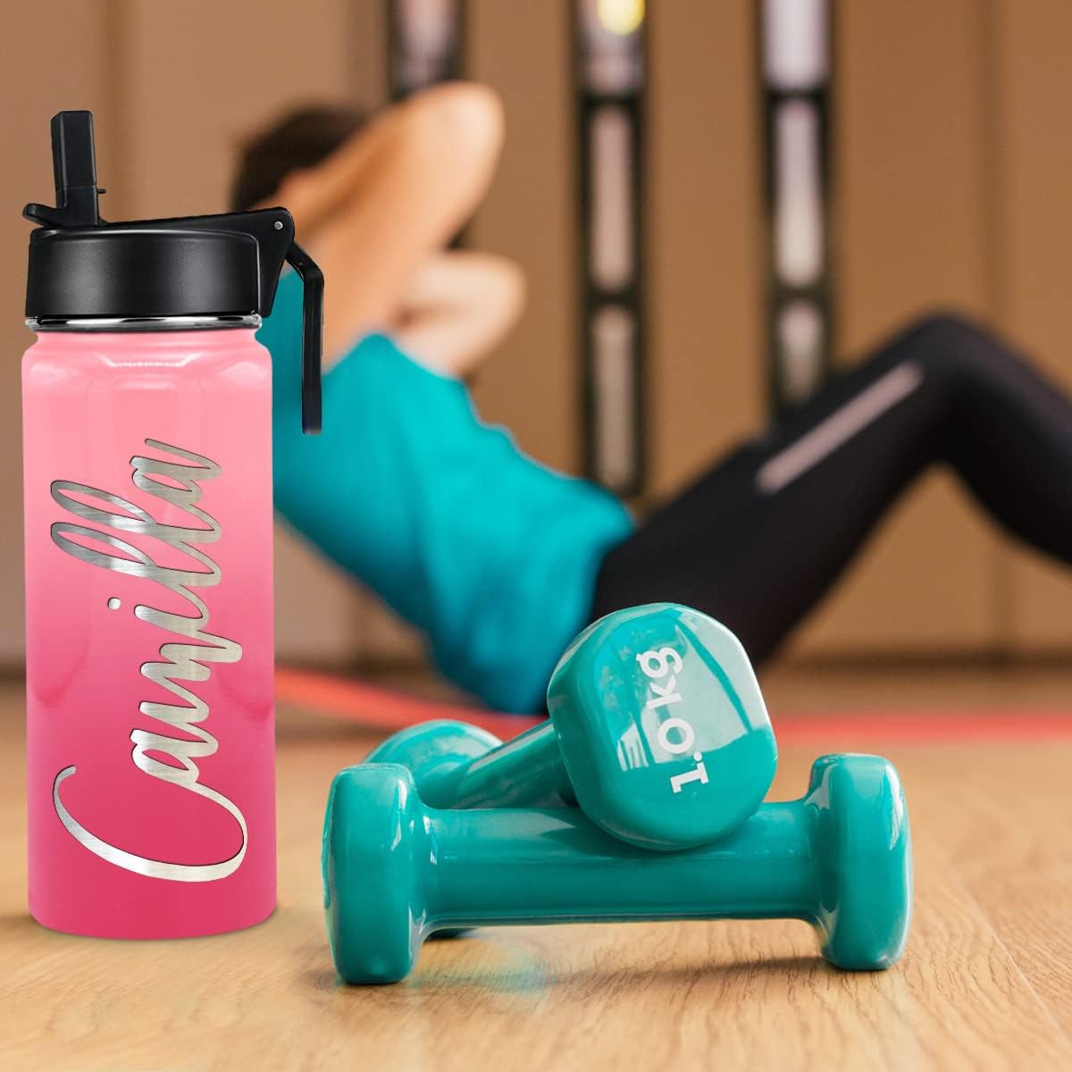 Cuptify Personalized Water Bottle for Women with Straw Lid on Blossom Ombre Engraved Custom Name 18 oz Modern Insulated Stainless Steel Bottle for Gym