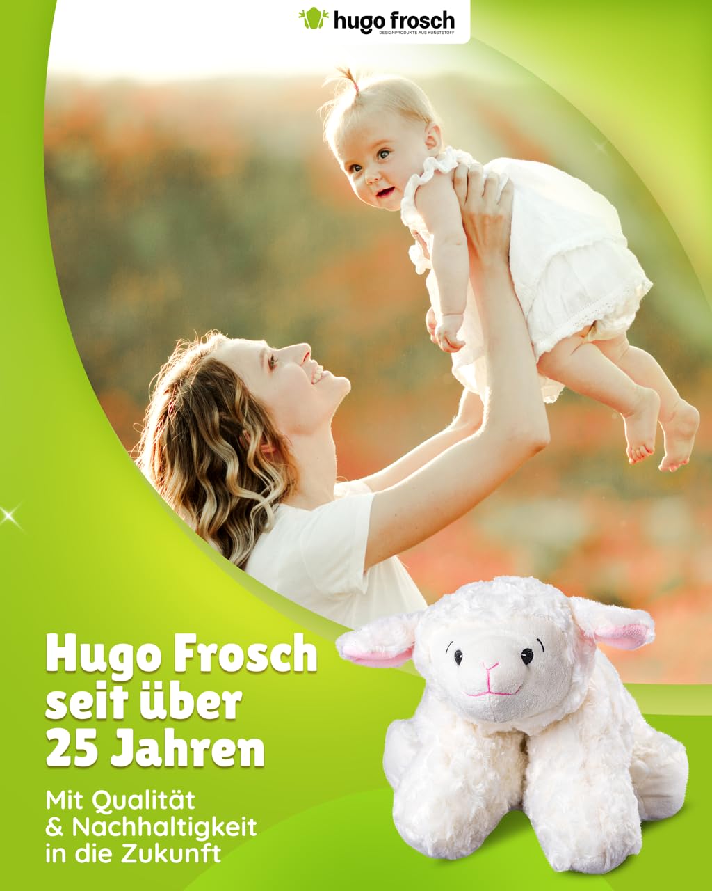 Hugo Frosch Wärmflasche Klassik 1,8l – Made in Germany – mit weichem Schaf-Kuschelkissen Weiß – große, auslaufsichere Bettflasche – langlebig & mit waschbarem Bezug