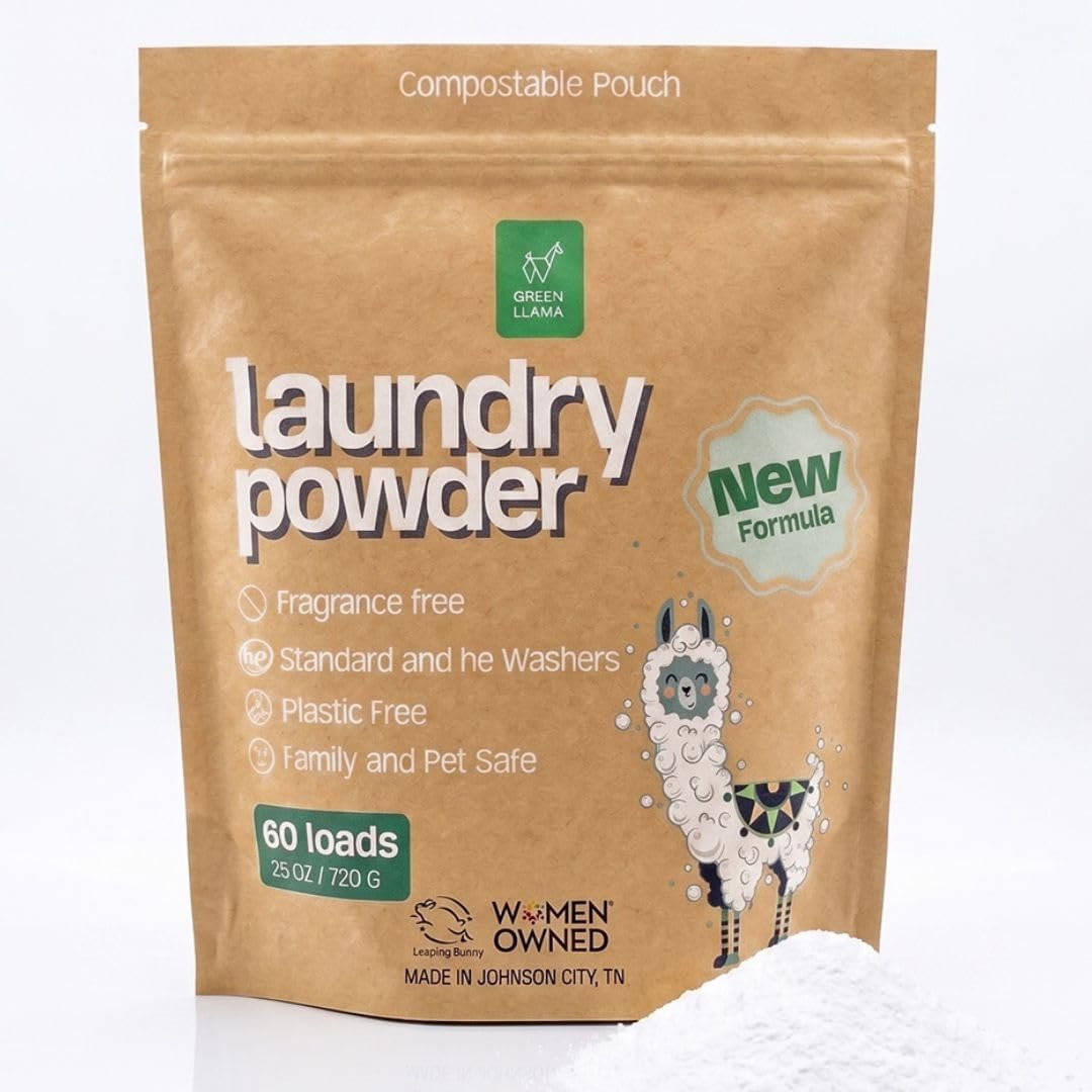 Green Llama Max Strength Laundry Powder, 60 Loads (1-Pack) – Fragrance-Free Laundry Powder, Oxygen-Powered Stain Removal, Enzyme Formula, Plastic-Free, HE Compatible, Made in USA