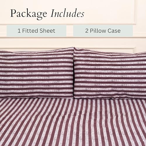 Image of Amazon Brand - Umi Cotton Fitted Bedsheet, Queen Size 78x60 Inches, Elastic Fit Bed Sheet, 10 Inch Deep Pocket, Soft Breathable Bedding, Durable Easy Care, with Pillow Cover-Marron Stripe