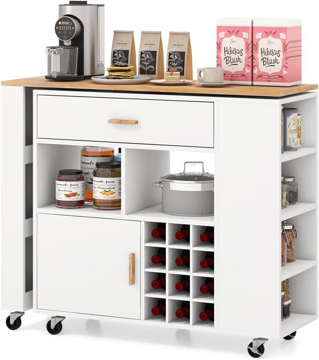 LOKO Kitchen Island Cart on Wheels, Rolling Storage Cart with Rubber Wood Top, Adjustable Shelf, 12-Bottle Wine Rack, Spice Rack, 2-in-1 Reversible Serving Cart Bar Table Combo for Dining Room, White