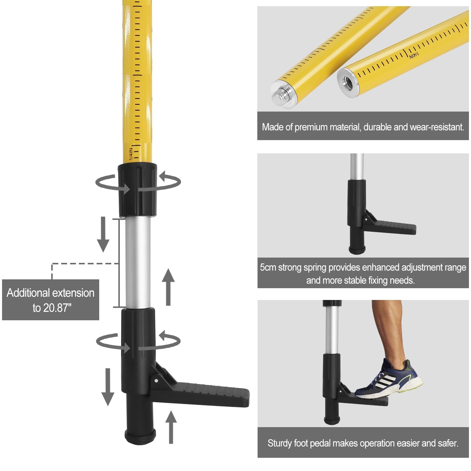 Perche Télescopique Réglable 3,7 m avec Trépied,Laser Level Tripod avec Base de Montage de 1/4“ x 20” et Adaptateur Fileté 5/8"-11 pour Les Niveaux Laser Rotatifs et Linéaires
