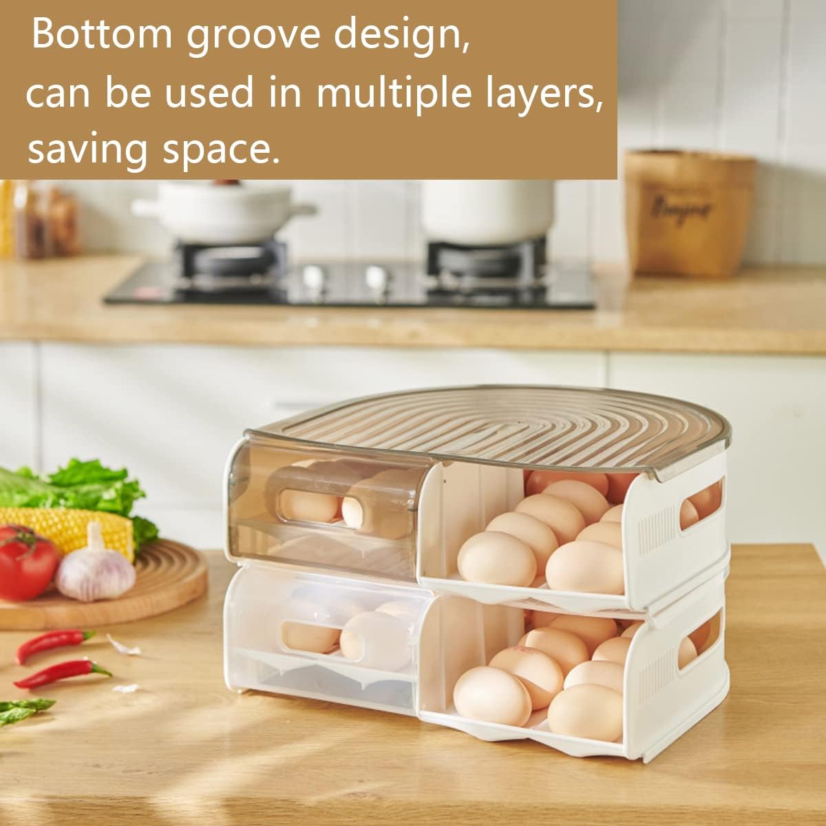 U-shaped Egg Container for Refrigerator, Stackable Egg Holder for Refrigerator, Automatically Rolling Egg Storage Container for Refrigerator, Clear Plastic Refrigerator Egg Organizer Bins with Lid