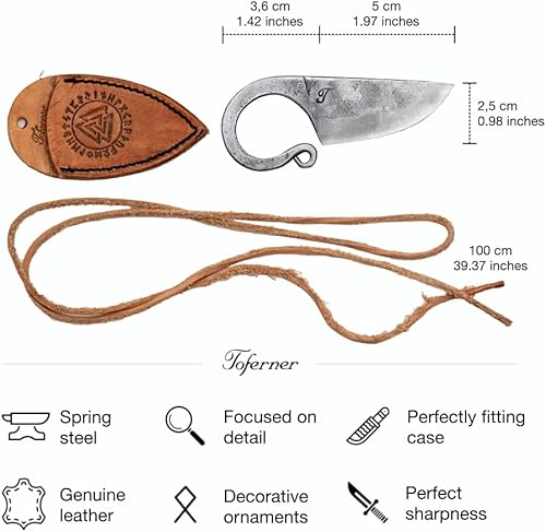 Miniatura 10 de Toferner Cuchillo de bolsillo celta, cuchillo forjado a mano con estuche de cuero negro, hoja endurecida, vintage, colección de arte antiguo, idea