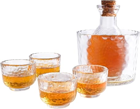 Japanese Glass Sake Set for 4 Saki Cup Set Sake Bottle Cup Set Including 1 Sake Bottle 1 Sake Tank and 4 Sake Cups for Cold Hot Warm Sake Carafe,Glass Gifting Set for Sushi Bar & Home