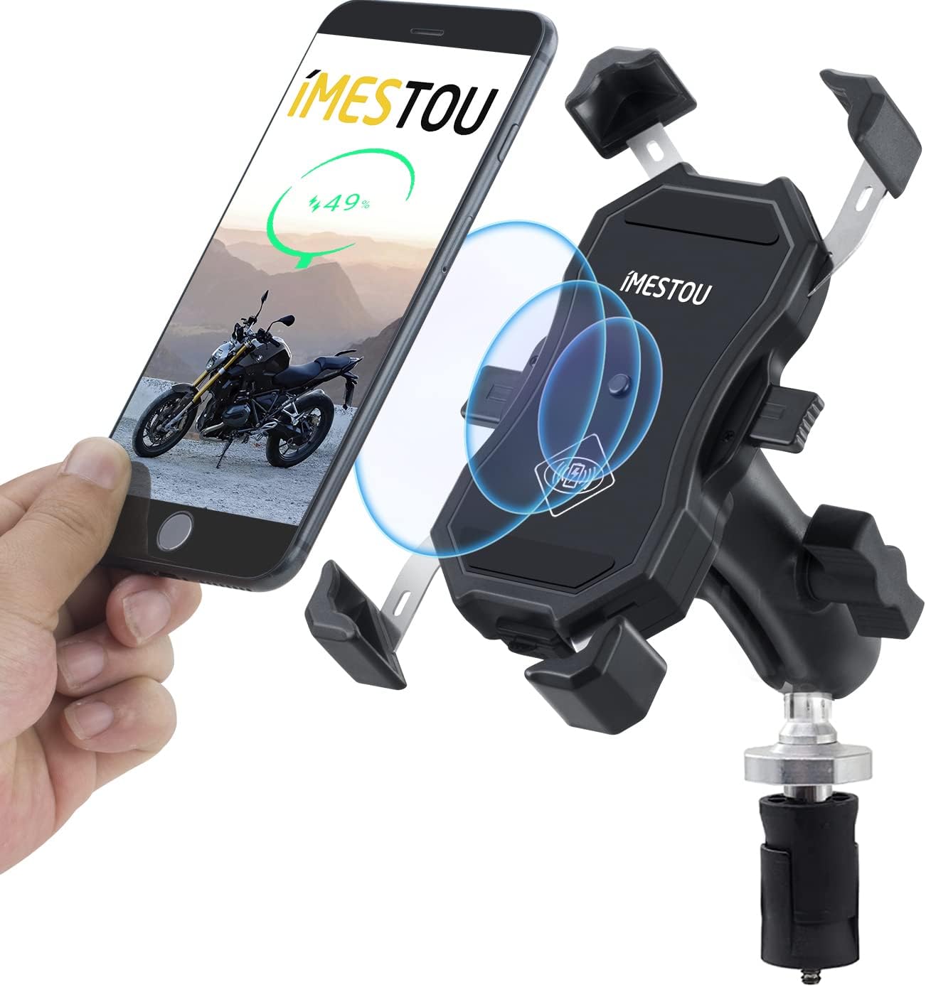 iMESTOU Motorcycle Fork Stem Wireless Qi/USB Phone Mount Charger with 1" Ball for 0.47"-1.18" Diameter Fits for Kawasaki, Ducati, Honda, BMW Motorcycles Quick Charge for 3.5"-6.8" Smartphones