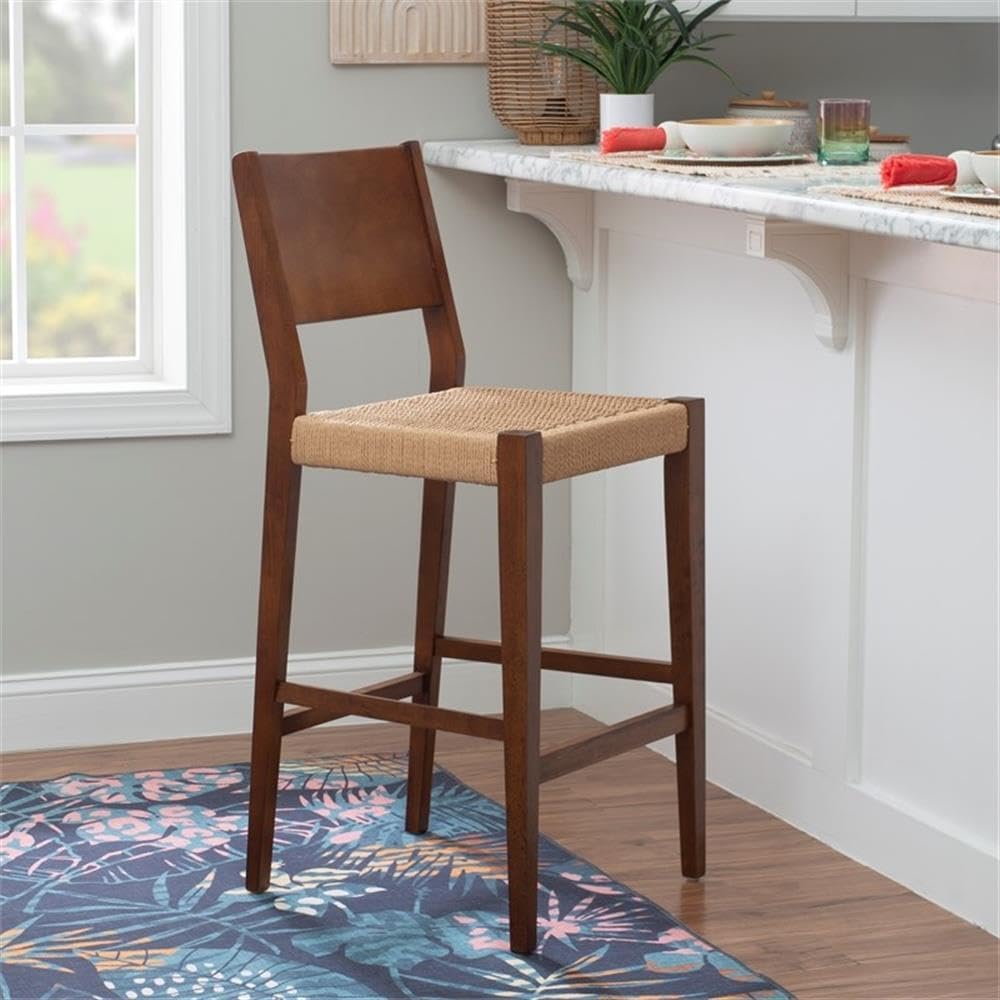 BOWERY HILL Midcentury Modern Wood Barstools, 2-Tone Brown Stain, Handwoven Rope Basketweave Seat, 29 in Seat Height, Set of 2, Rubberwood Construction with Footrails, Farmhouse Style Bar Seating