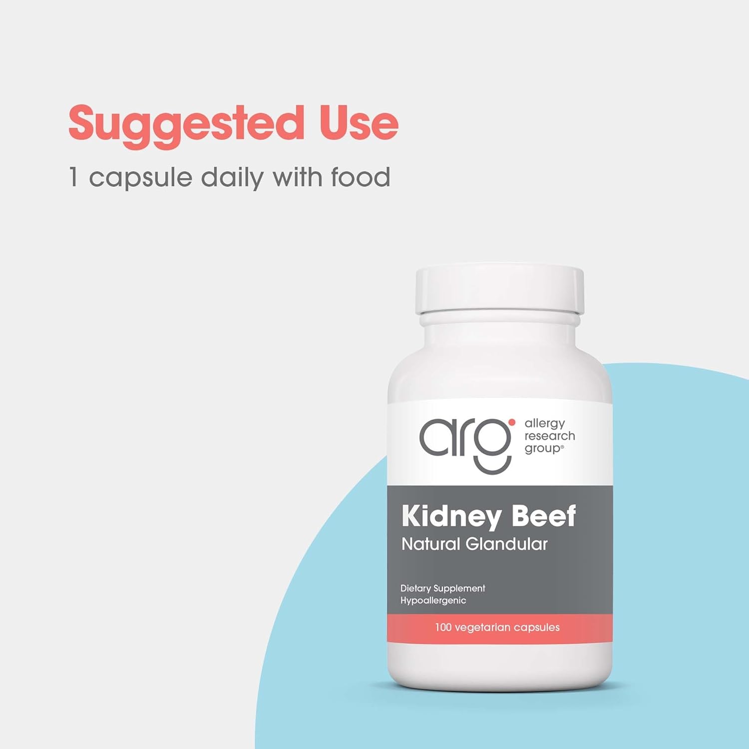 Allergy Research Group Kidney Beef Supplement - Natural Glandular, Freeze-Dried, Bovine, Lyophilized, Beef Organ, Vegetarian Capsules - 100 Count