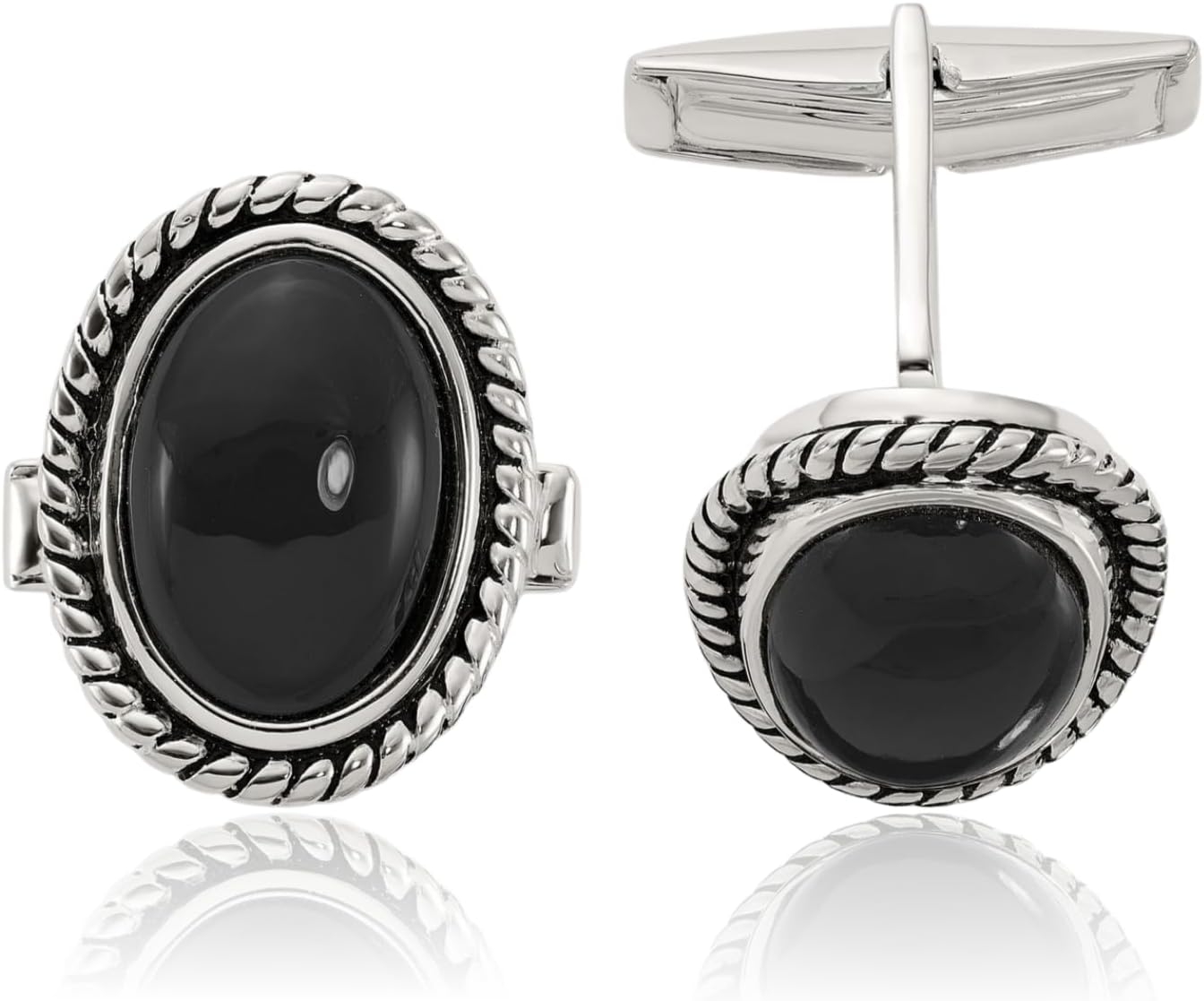 IceCarats 925 Sterling Silver Black Onyx Oval Cuff Links Bezel Set, Textured For Him
