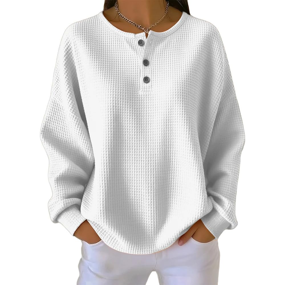 Womens 1/4 Button Loose Fit Waffle Tunic Tops Long Sleeve Shirts Trendy Fashion Spring Tops