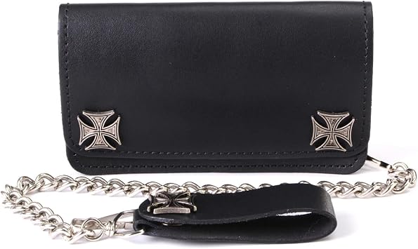 Milwaukee Leather MLW7825 Mens 6 Black Leather Bi-Fold Biker Wallet w/Anti-Theft Stainless Steel Chain and Iron Cross Emblems - 6 Inch