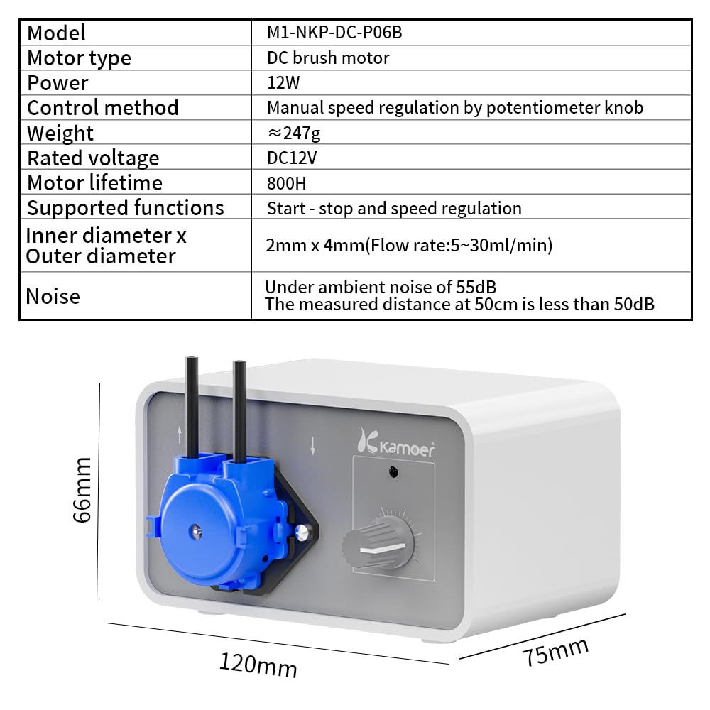 Kamoer M1-NKP Petite pompe péristaltique 12 V à faible débit 5-30 ml/min | Pompe doseuse de liquide à vitesse réglable Tube Perx longue durée de vie pour laboratoire Usine Maison