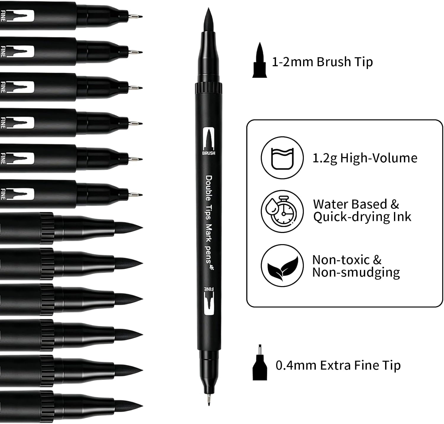 Surcotto Black Markers for Drawing,12 Pack Drawing Pens, Brush Pens with Felt Tips for Artists, Dual Tip Brush Fineliners Pens, Calligraphy Pens, for Art Drawing Sketching Journaling, Black